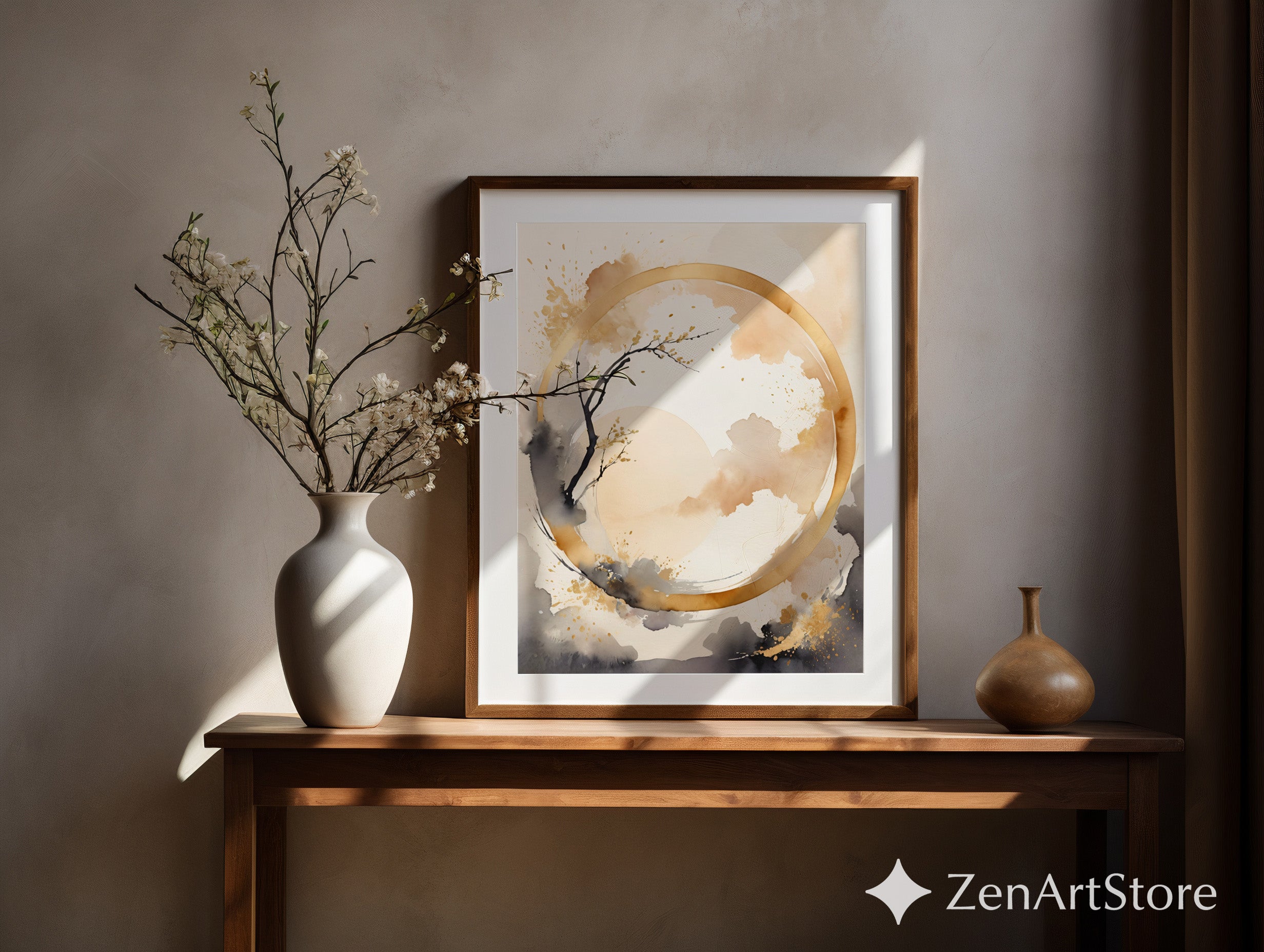 Abstract Zen Gold Circle Wall Art - Minimal Japandi Neutral Print Beige Black Botanical Landscape