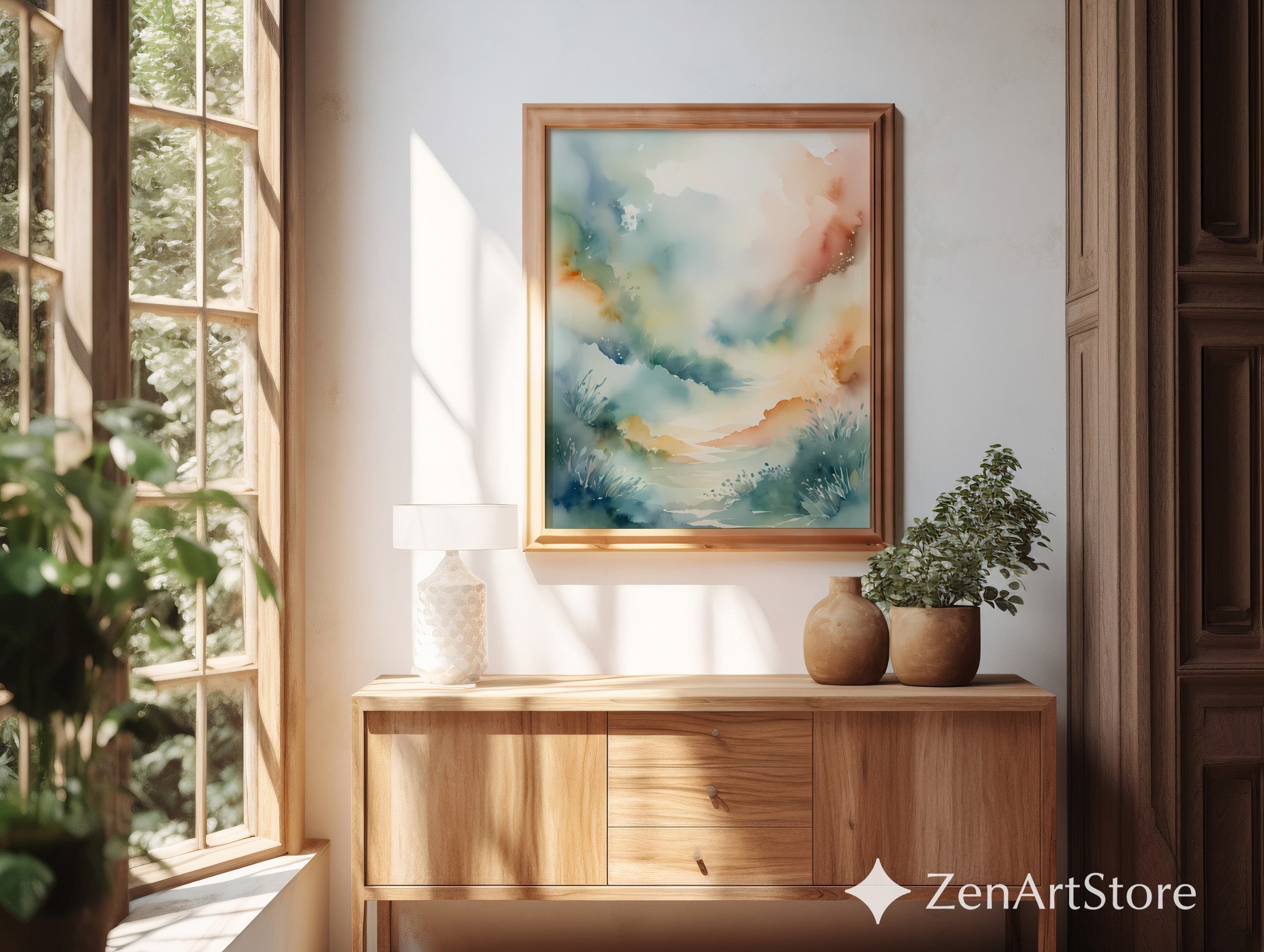 Soft Pastel Watercolor Landscape Print - Misty Valley Abstract Wall Art for Living Room, Nursery, Japandi Scandi Home Decor