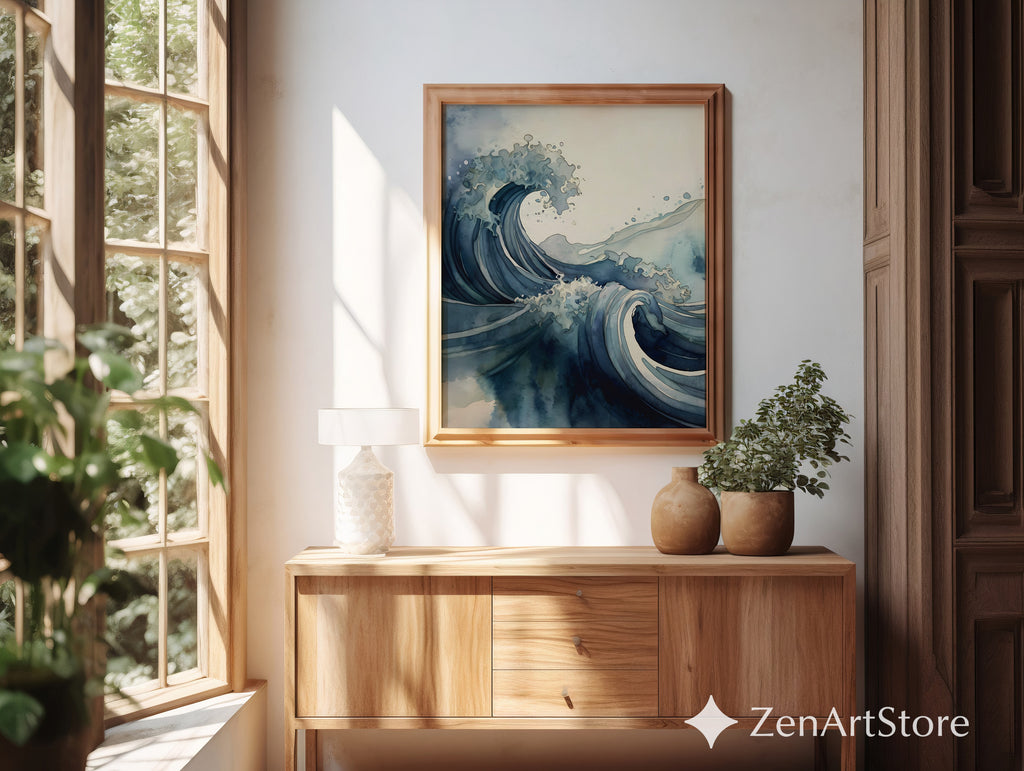 Blue Wave Art Print - Minimal Japanese Wave Abstract, Zen Japandi Coastal Home Decor, Indigo Seascape Wall Art
