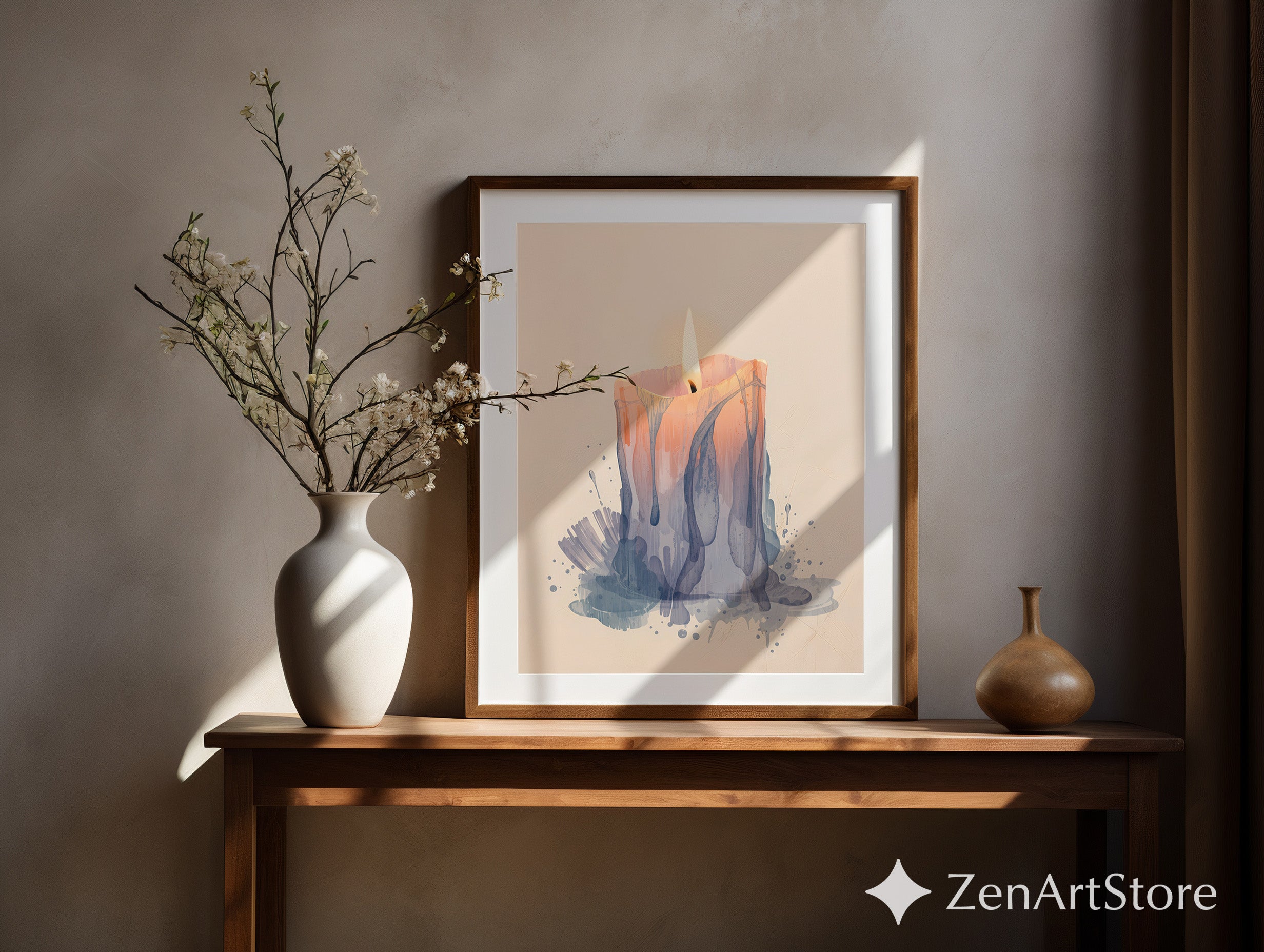 Melting Candle Minimal Art Print - Wabi Sabi Japandi Neutral Wall Decor, Beige Blue Abstract Candle Painting