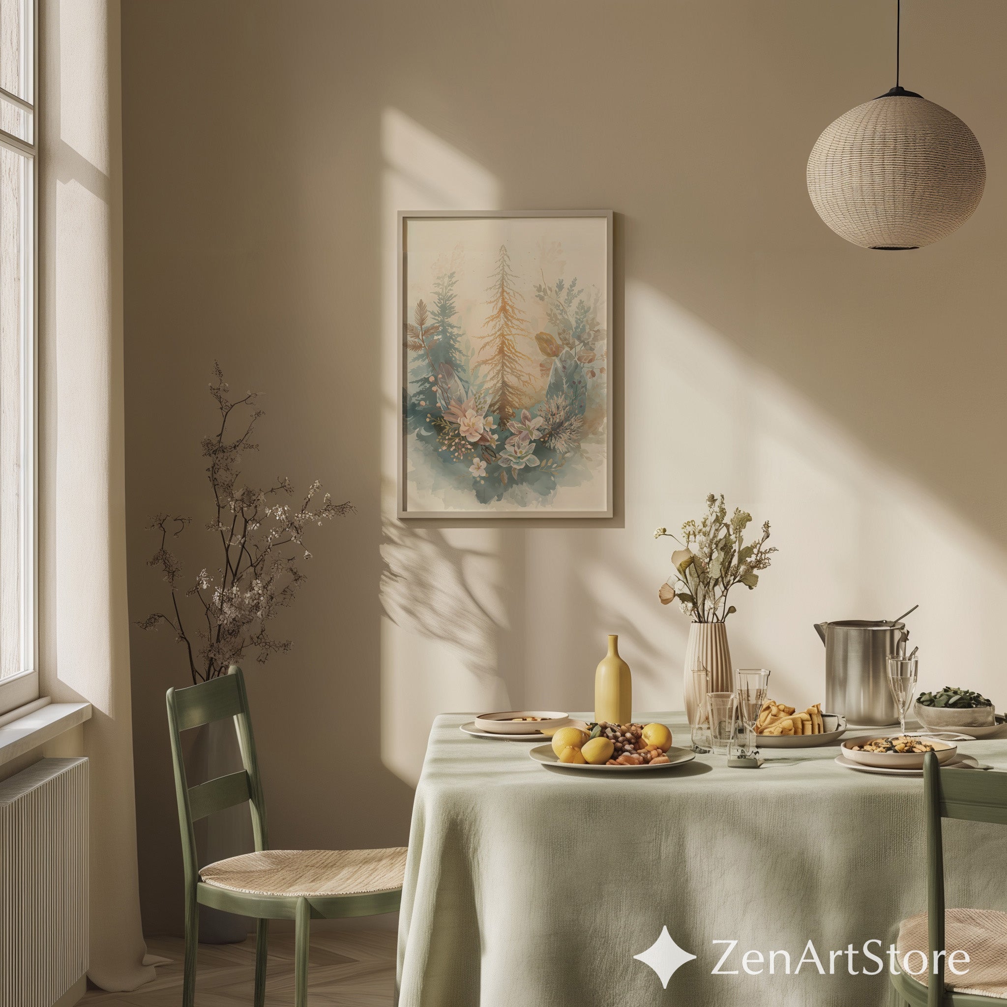 Neutral Watercolor Botanical Forest Print - Pastel Floral & Pine Wall Art, Japandi Minimal Home Decor