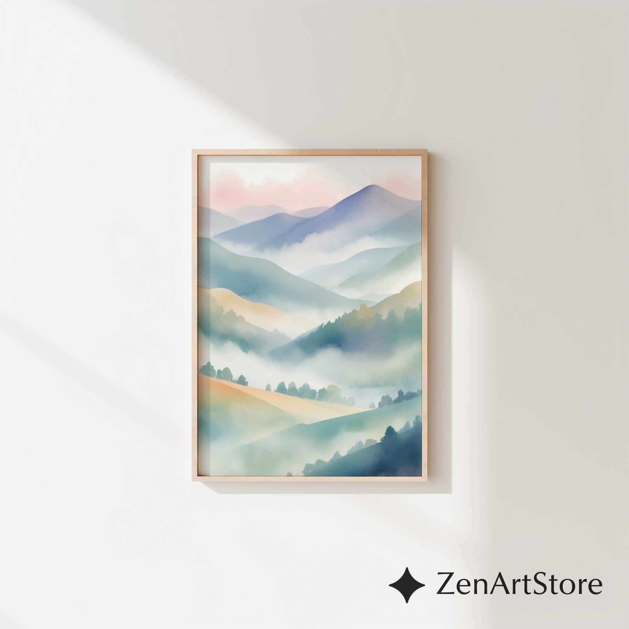 Misty Mountain Pastel Wall Art | Japandi Zen Landscape Print for Calm Minimal Home Decor