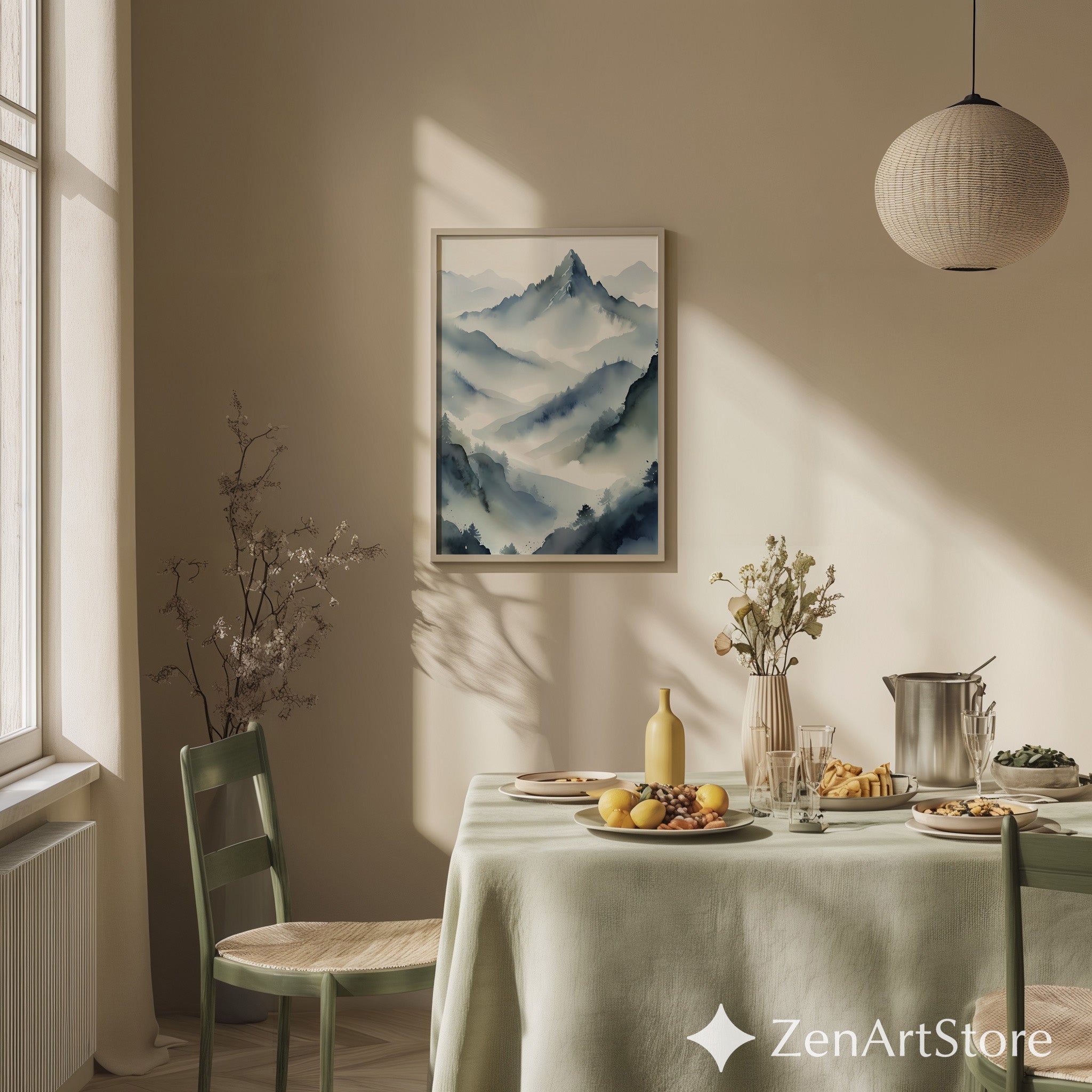 Misty Mountain Watercolor Print - Zen Japandi Minimal Landscape Wall Art, Neutral Blue Gray Home Decor