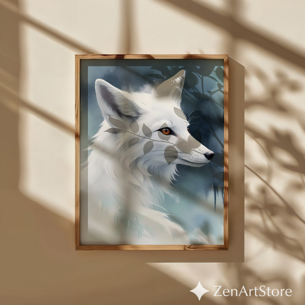 White Fox Wall Art - Minimal Arctic Fox Print, Scandinavian Zen Animal Portrait for Modern Home Decor