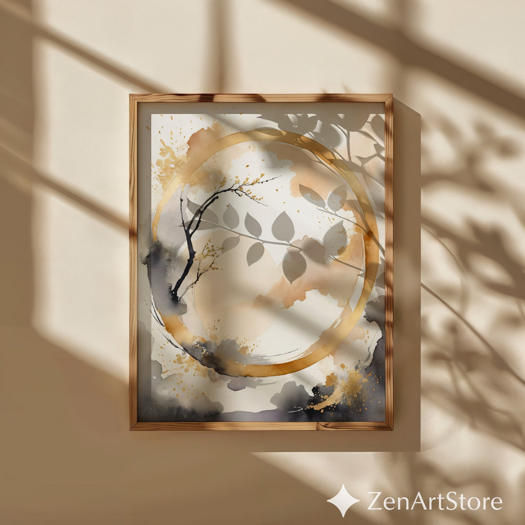 Abstract Zen Gold Circle Wall Art - Minimal Japandi Neutral Print Beige Black Botanical Landscape