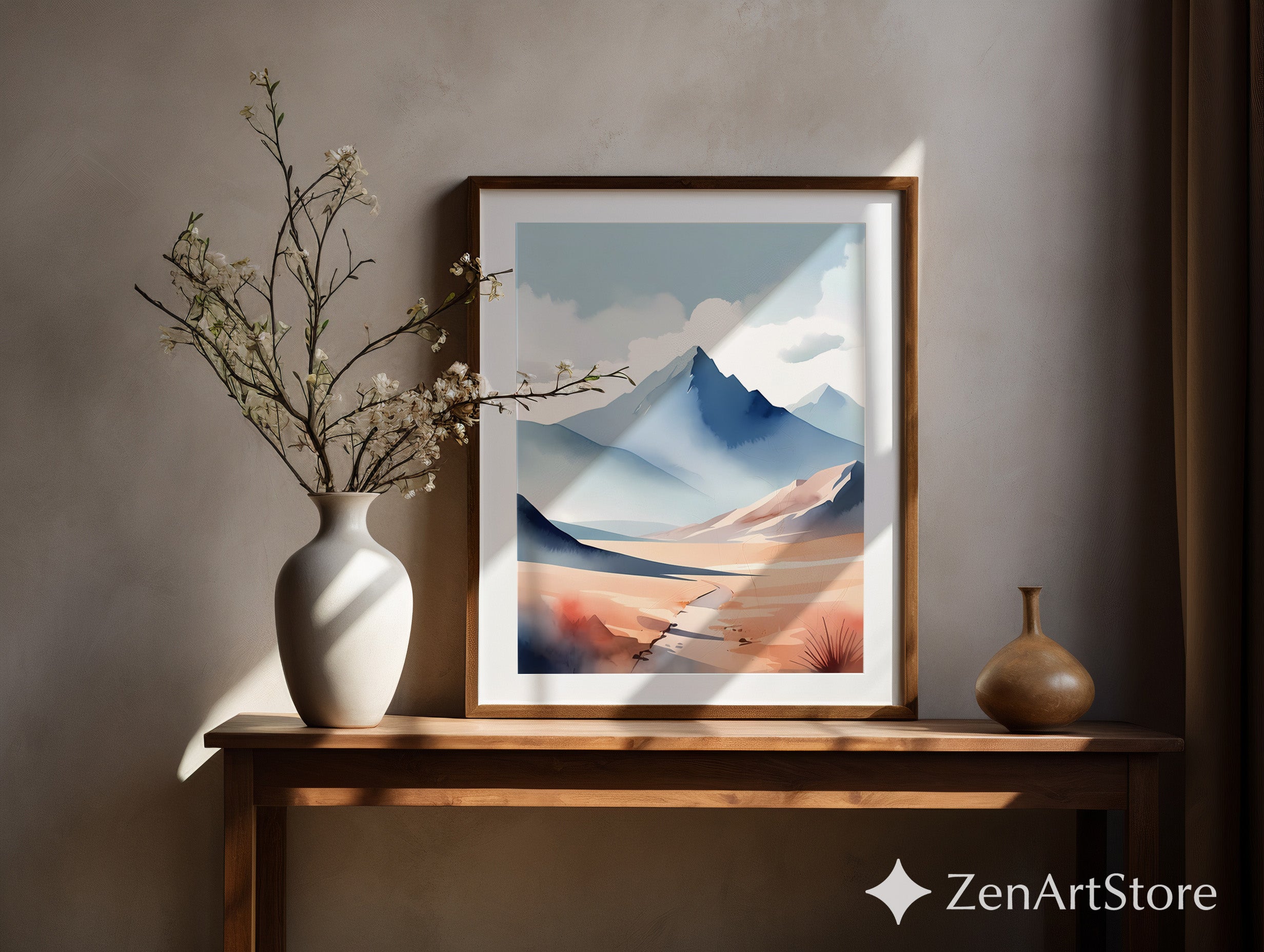 Blue Mountain Watercolor Print - Minimal Japandi Landscape Wall Art, Neutral Modern Home Decor Printable