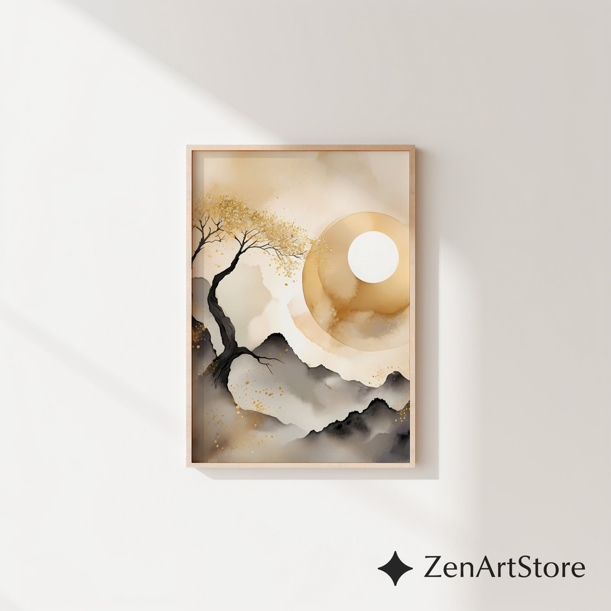 Golden Moon Zen Landscape - Minimal Japanese Abstract Printable Wall Art