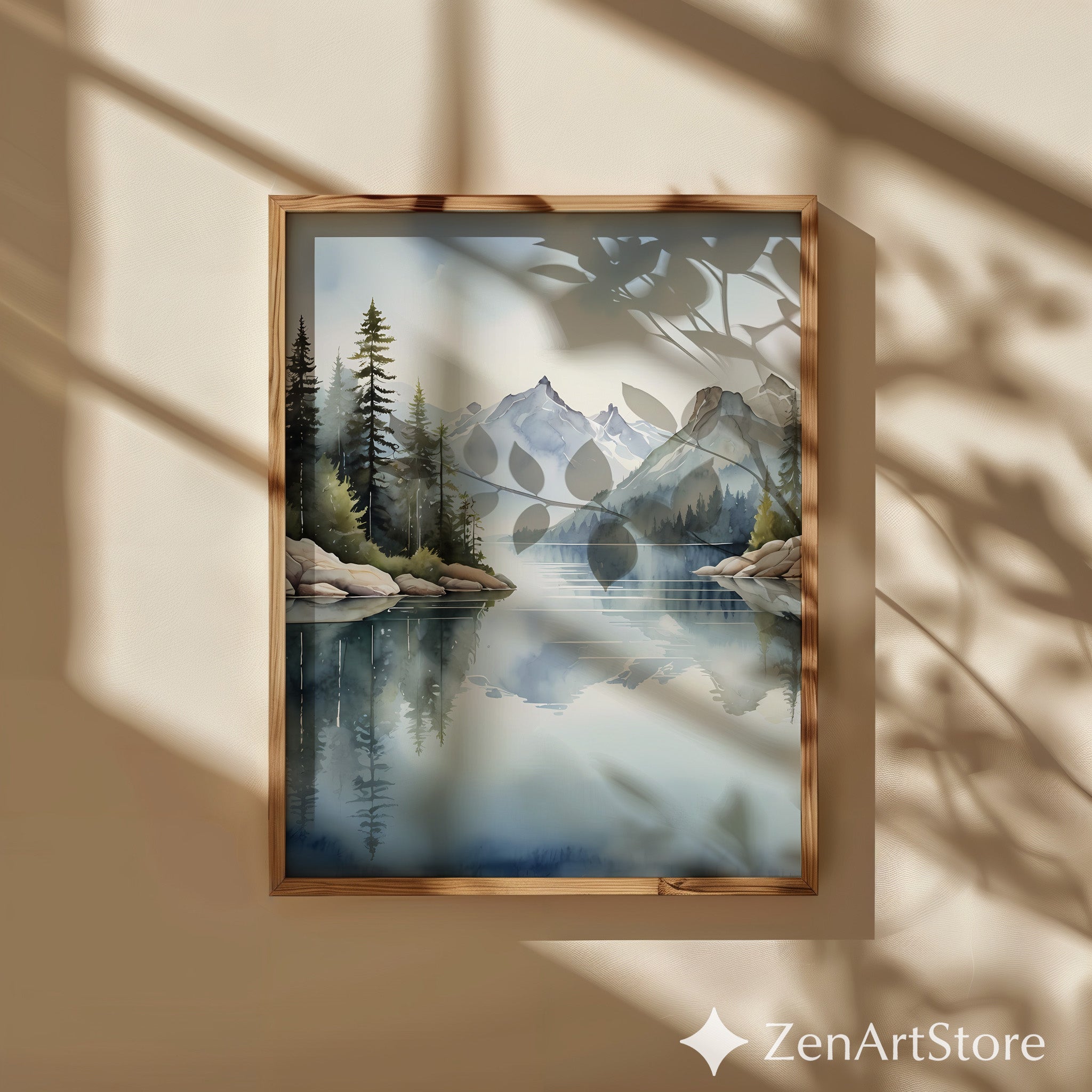 Serene Mountain Lake Watercolor Print - Misty Pines Reflection Wall Art - Scandinavian Japandi Minimal Neutral Home Decor