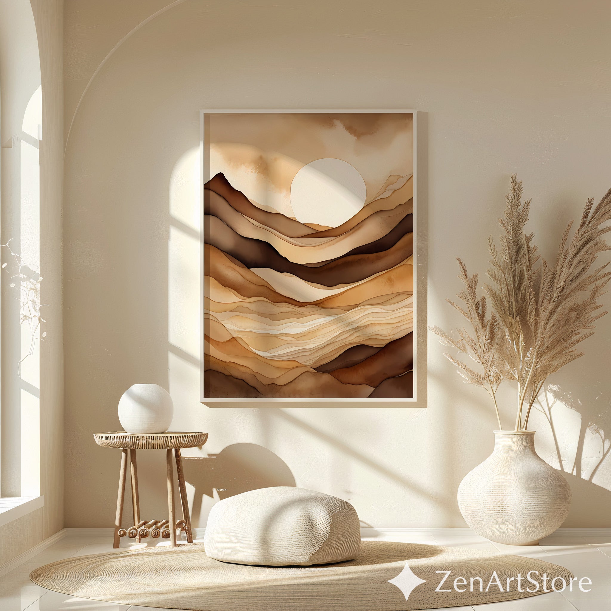 Neutral Abstract Landscape Wall Art - Beige Brown Minimalist Sun Print, Japandi Wabi Sabi Modern Home Decor, Printable or Canvas