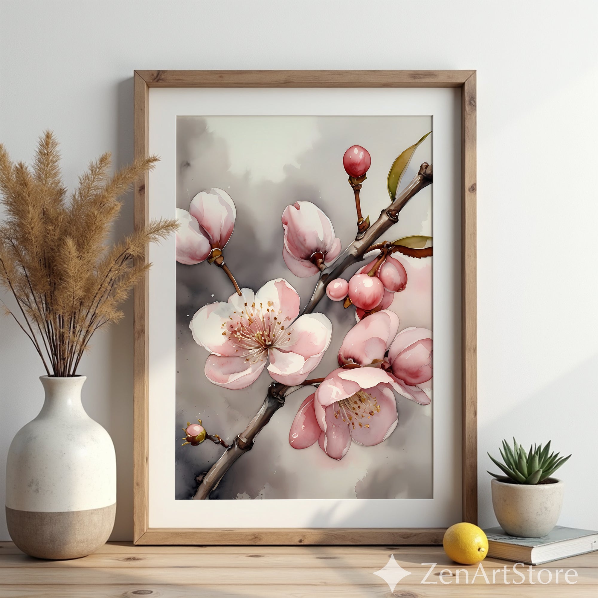 Soft Pink Cherry Blossom Wall Art - Botanical Watercolor Print, Japandi Minimal Floral Home Decor, Neutral Blush Botanical Print