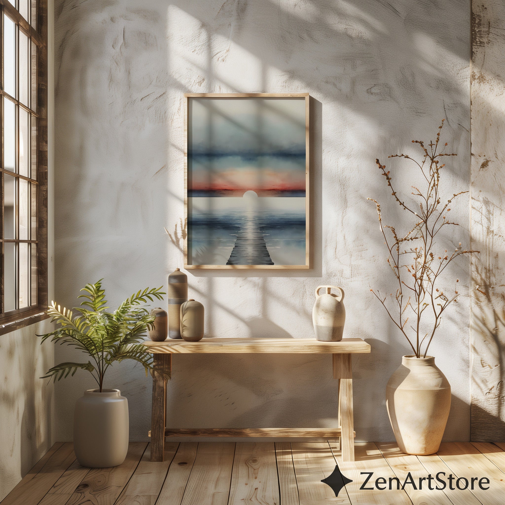 Serene Sunrise Seascape Print - Minimal Coastal Wall Art, Pier Horizon, Modern Japandi Zen Living Room Decor