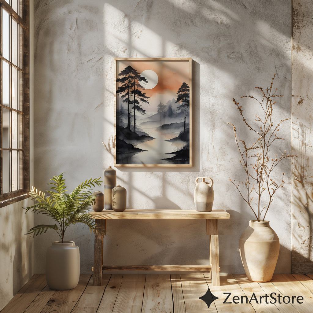 Misty River Landscape Wall Art - Zen Japandi Minimal Sunset Print, Neutral Wabi Sabi Home Decor