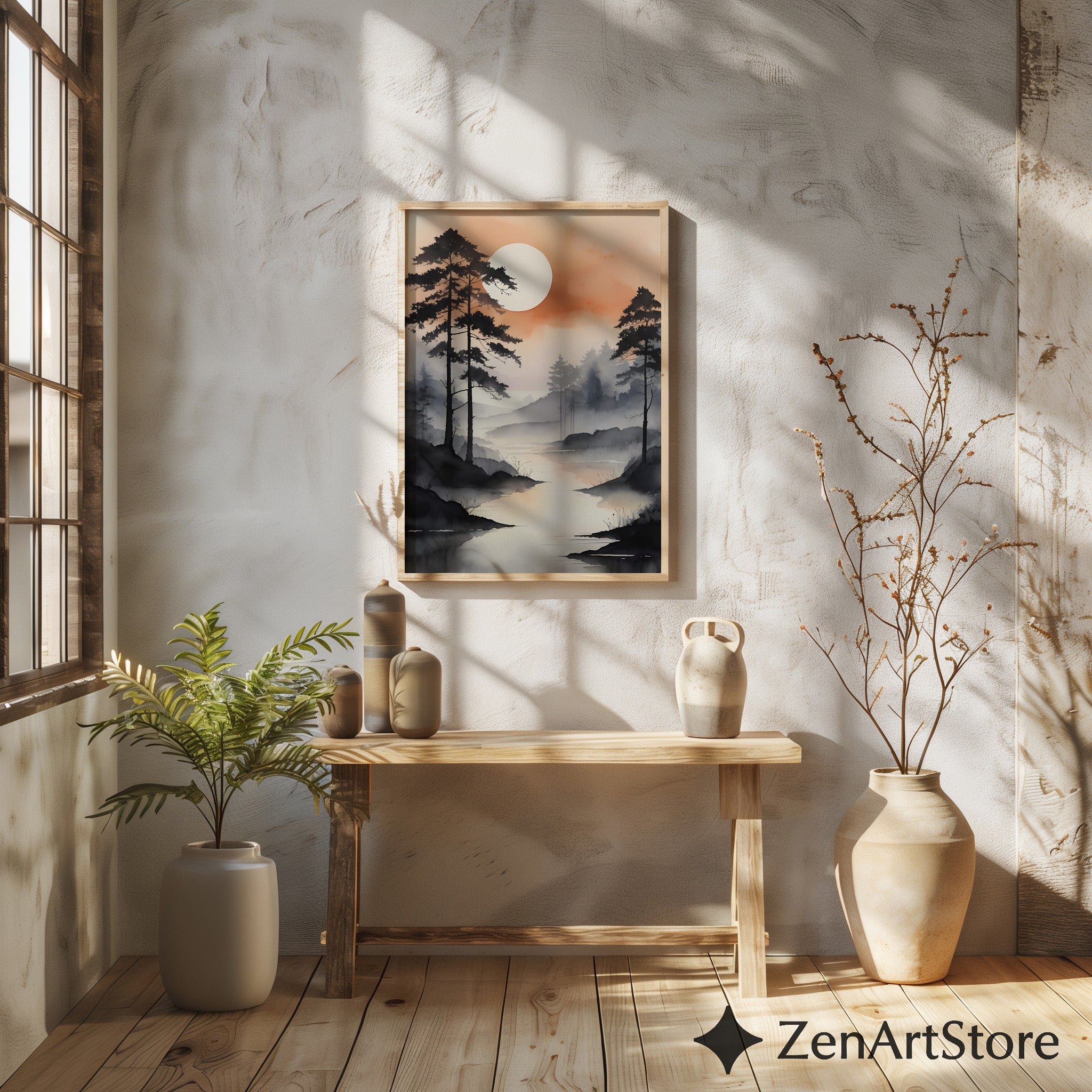 Misty River Landscape Wall Art - Zen Japandi Minimal Sunset Print, Neutral Wabi Sabi Home Decor