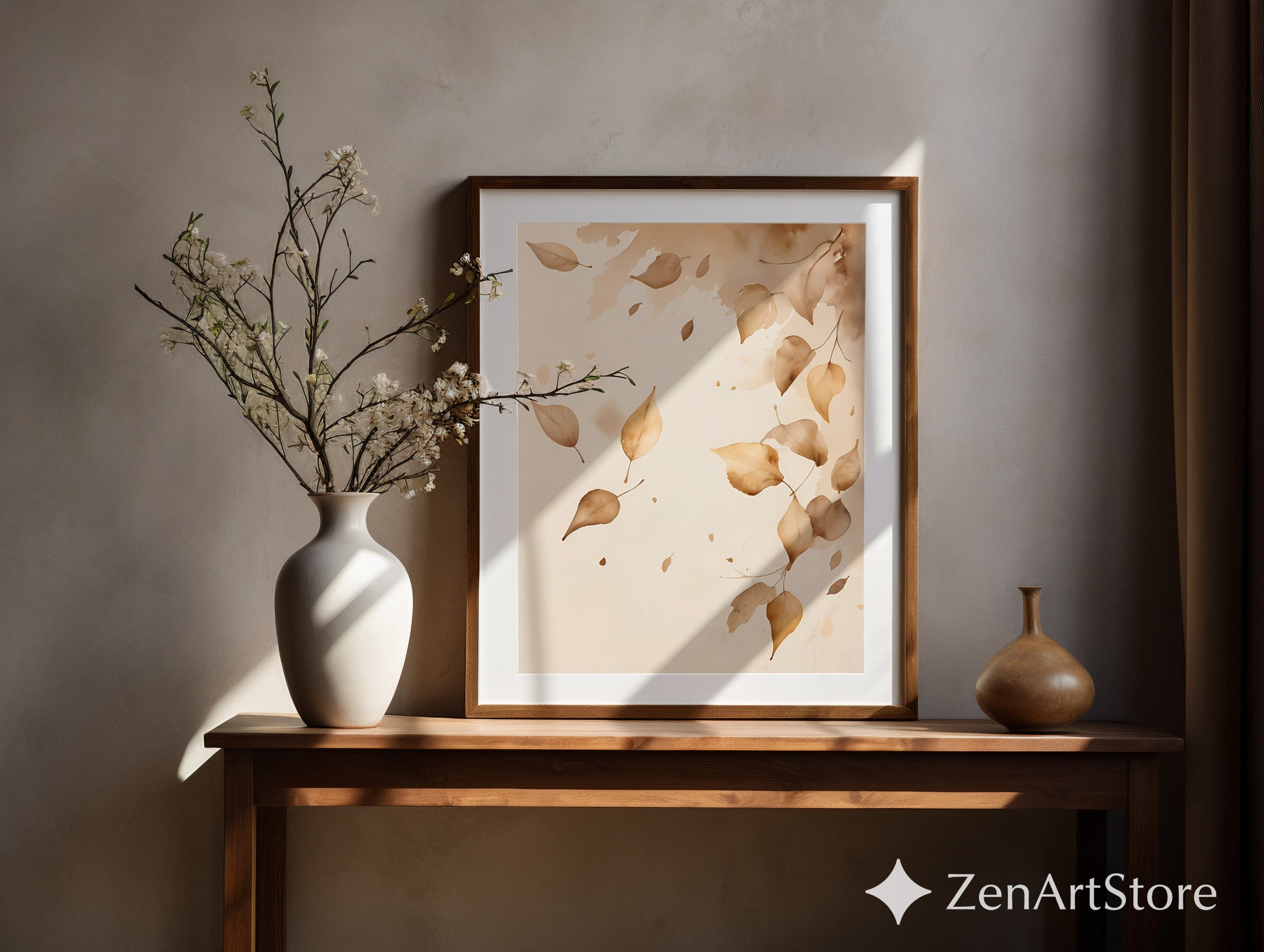 Neutral Watercolor Leaves Wall Art - Beige Autumn Botanical Print, Minimal Japandi Scandi Home Decor Calm Wabi Sabi Printable