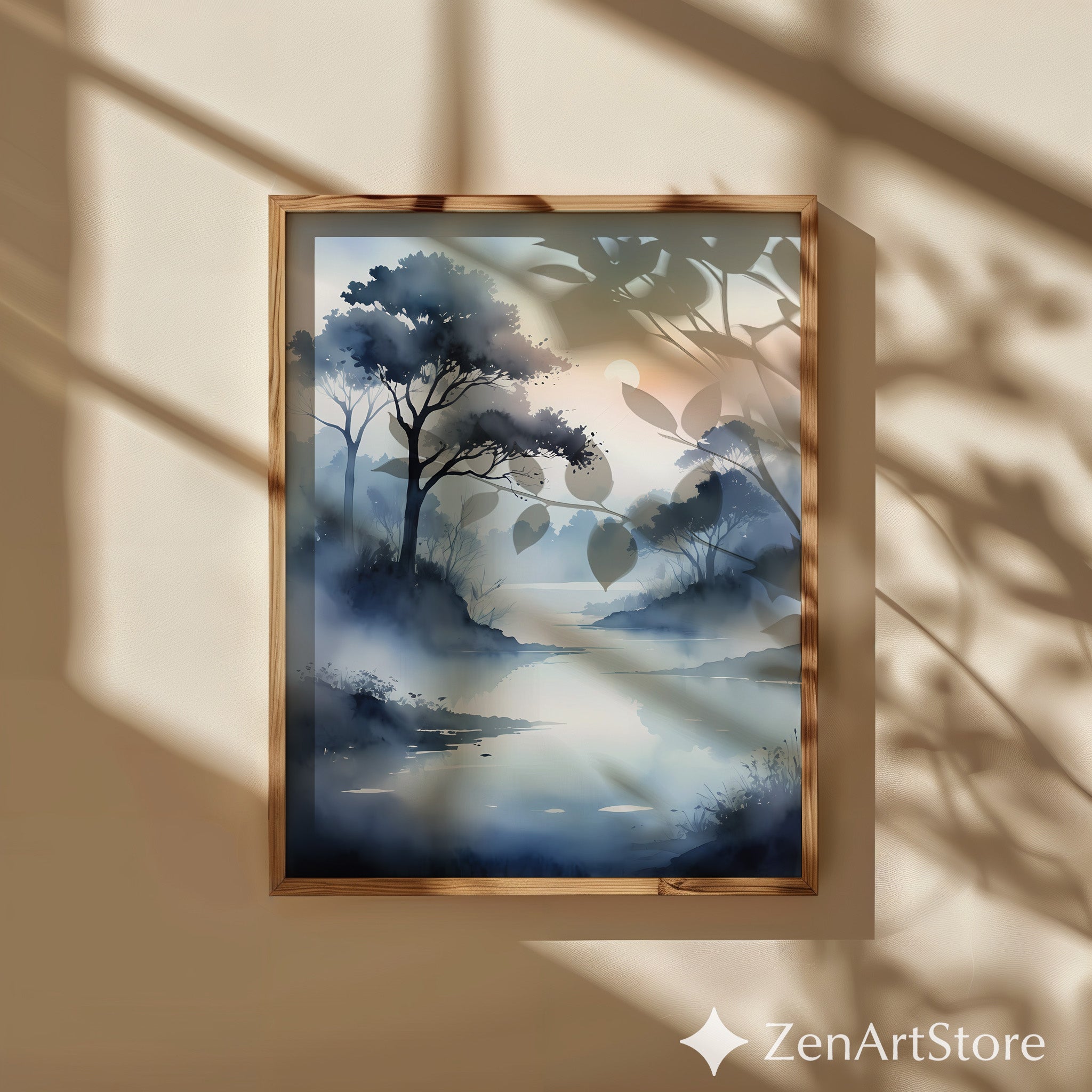 Misty Lake Sunrise Watercolor Print - Calm Zen Landscape Wall Art for Living Room, Bedroom, Japandi Minimalist Decor