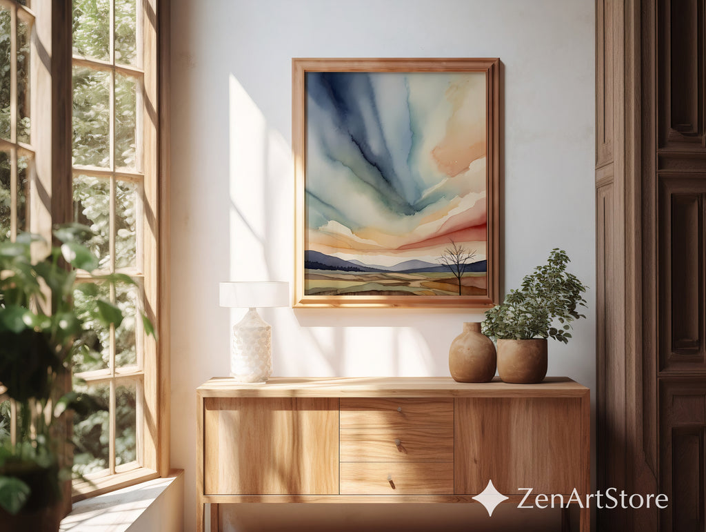 Abstract Zen Landscape Watercolor Print - Minimal Japandi Wall Art, Neutral Sky & Hills for Living Room