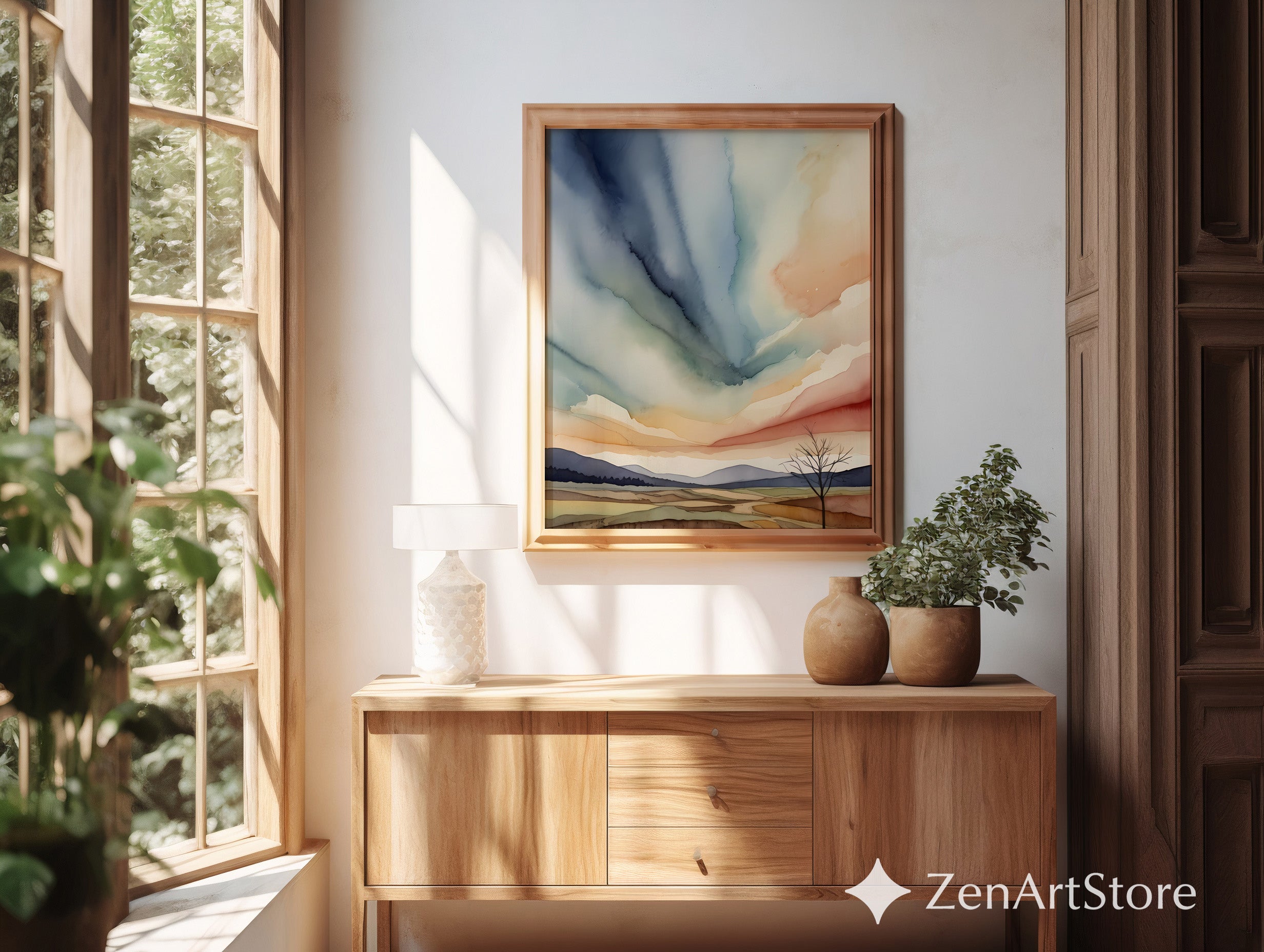 Abstract Zen Landscape Watercolor Print - Minimal Japandi Wall Art, Neutral Sky & Hills for Living Room