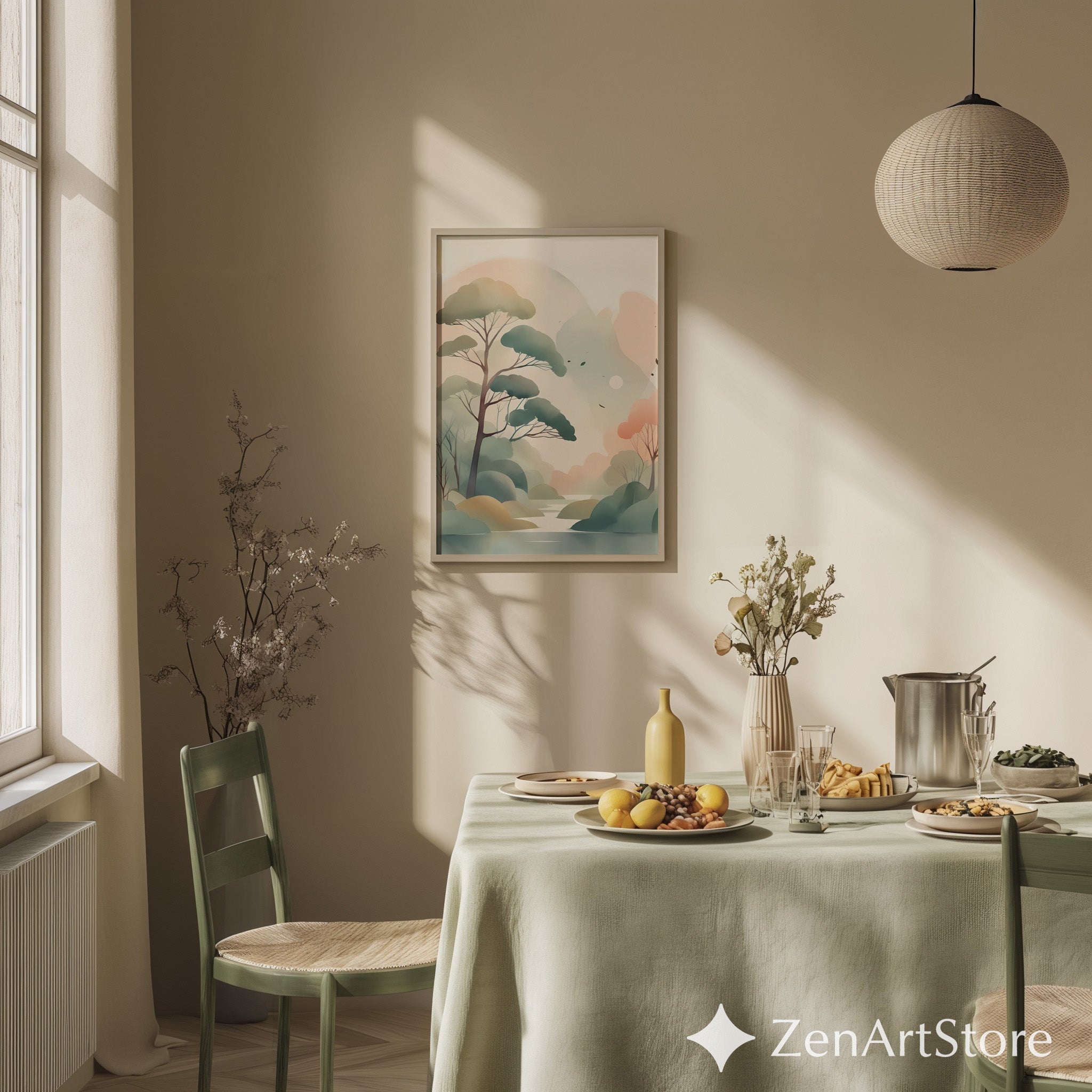 Serene Pastel Landscape Wall Art - Minimal Japandi Tree Print, Neutral Scandinavian Zen Botanical for Living Room & Bedroom