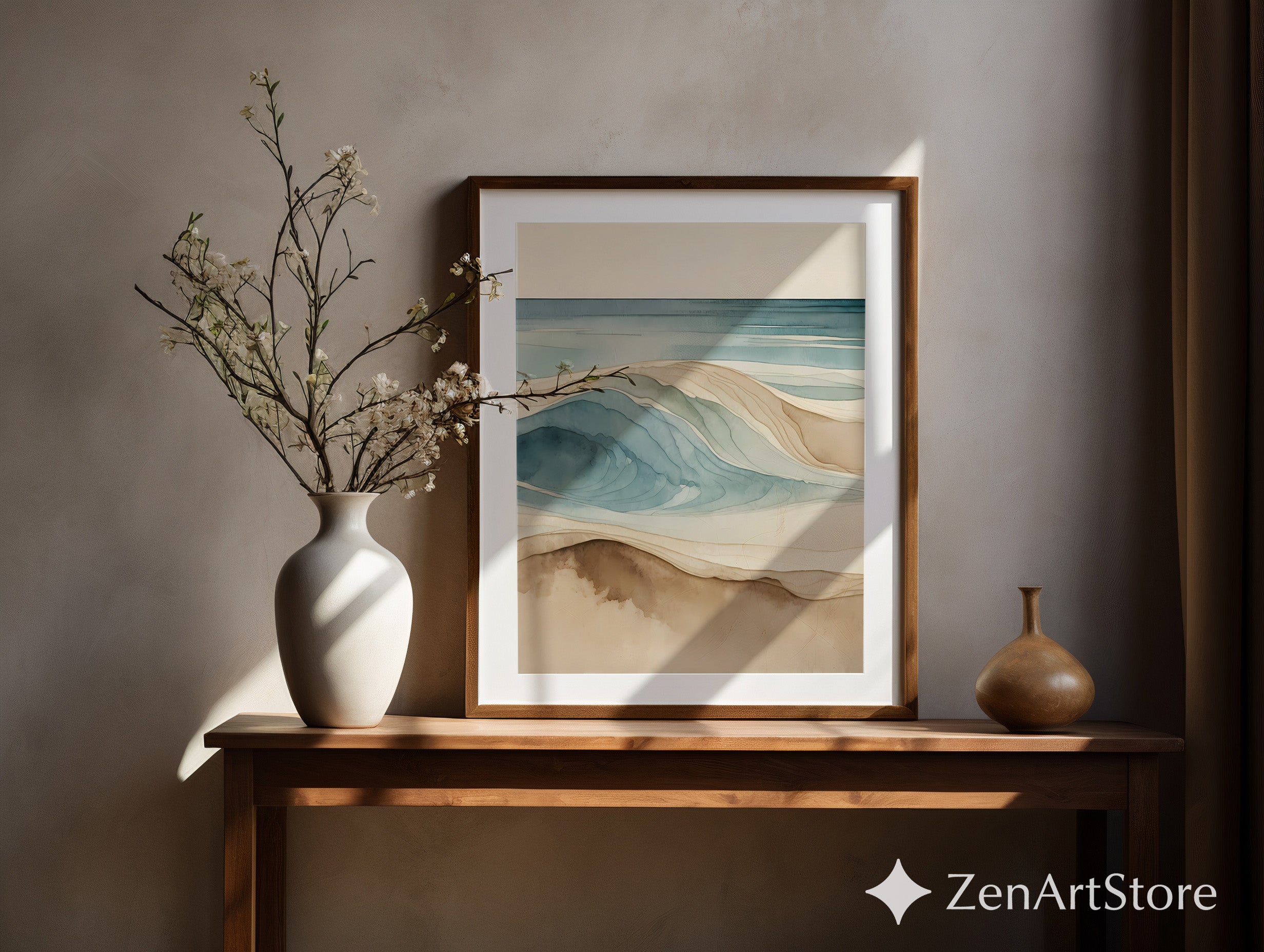 Neutral Coastal Wave Art Print - Minimal Beach Watercolor Wall Art for Japandi, Scandinavian & Wabi Sabi Home Decor
