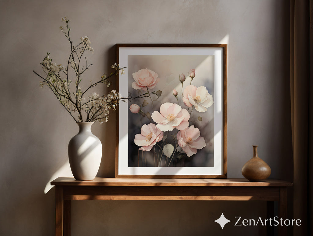 Blush Pink Poppies Floral Wall Art Print - Minimal Botanical Print, Neutral Scandinavian Japandi Home Decor