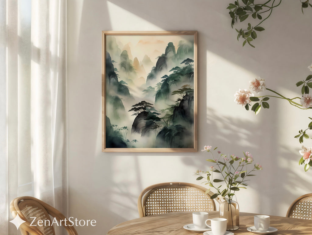 Misty Mountain Landscape Print - Zen Ink-Wash Wall Art for Living Room Japandi Neutral Home Decor