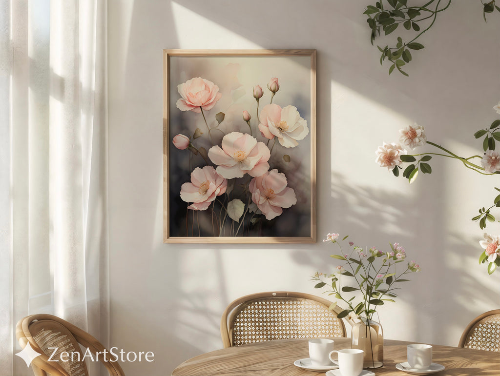 Blush Pink Poppies Floral Wall Art Print - Minimal Botanical Print, Neutral Scandinavian Japandi Home Decor