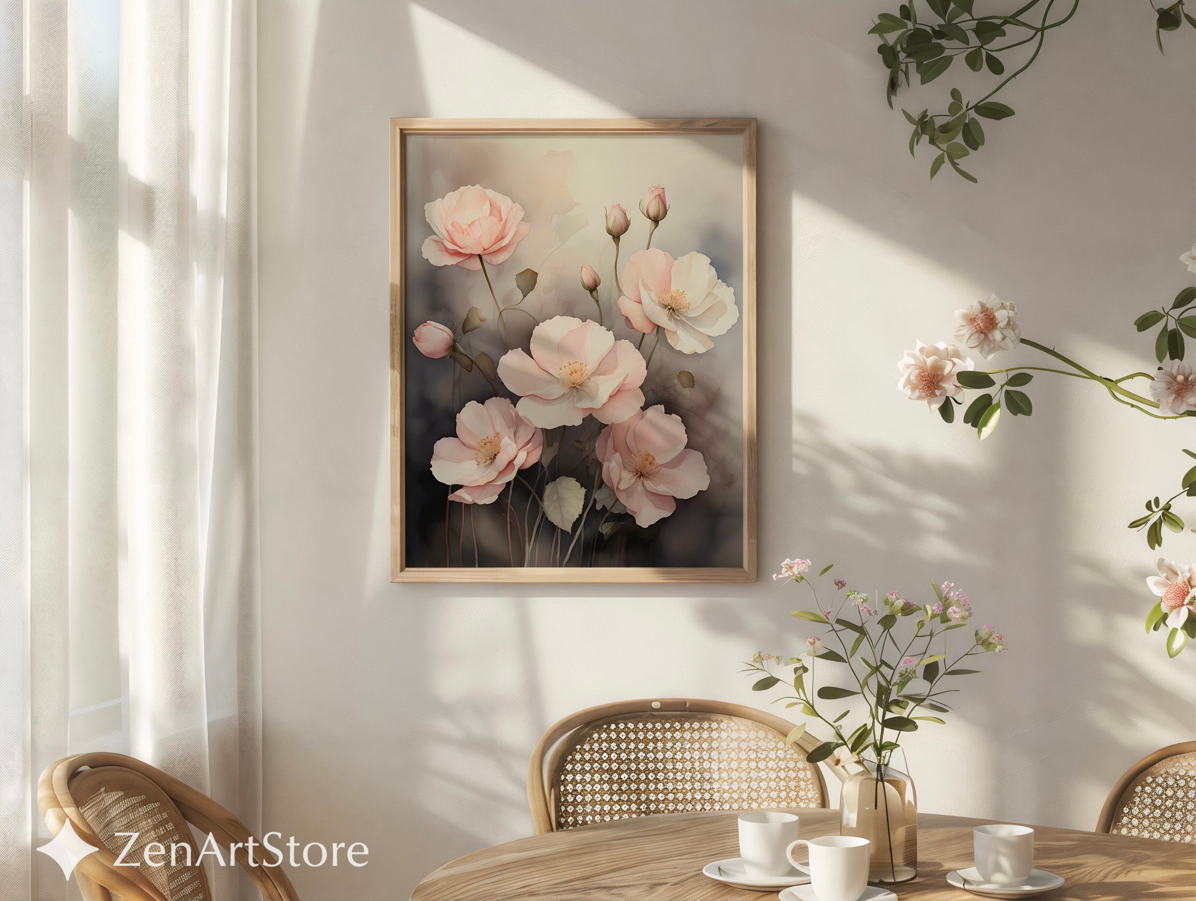 Blush Pink Poppies Floral Wall Art Print - Minimal Botanical Print, Neutral Scandinavian Japandi Home Decor