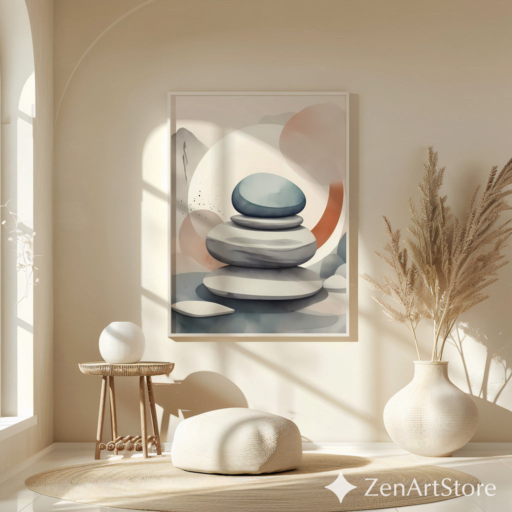 Zen Stone Stack Wall Art - Minimal Japandi Neutral Abstract Print for Living Room, Bedroom, Spa Decor