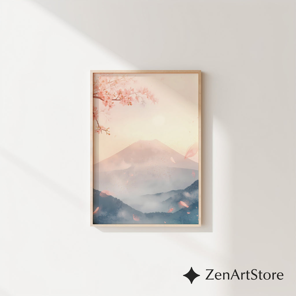 Sakura Mist Pastel Japanese Mountain Wall Art - Cherry Blossom Zen Print for Living Room, Japandi Minimal Home Decor