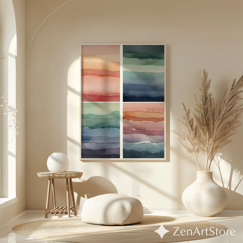 Abstract Watercolor Wall Art Set of 4 – Minimal Layered Landscapes, Neutral Japandi Boho Prints for Living Room & Bedroom, Printable Digital Download