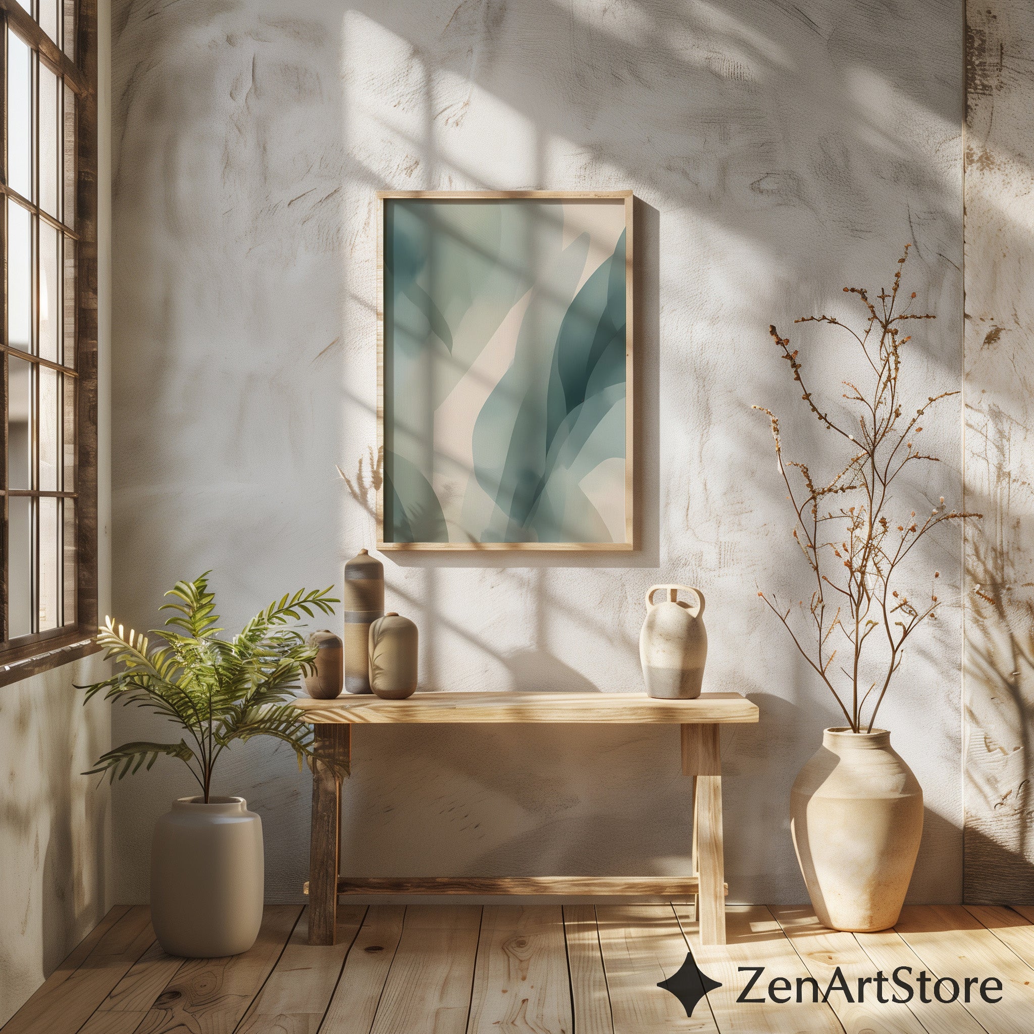 Muted Green Abstract Botanical Wall Art | Minimalist Japandi Print for Calm Neutral Home Decor, Printable & Canvas Ready