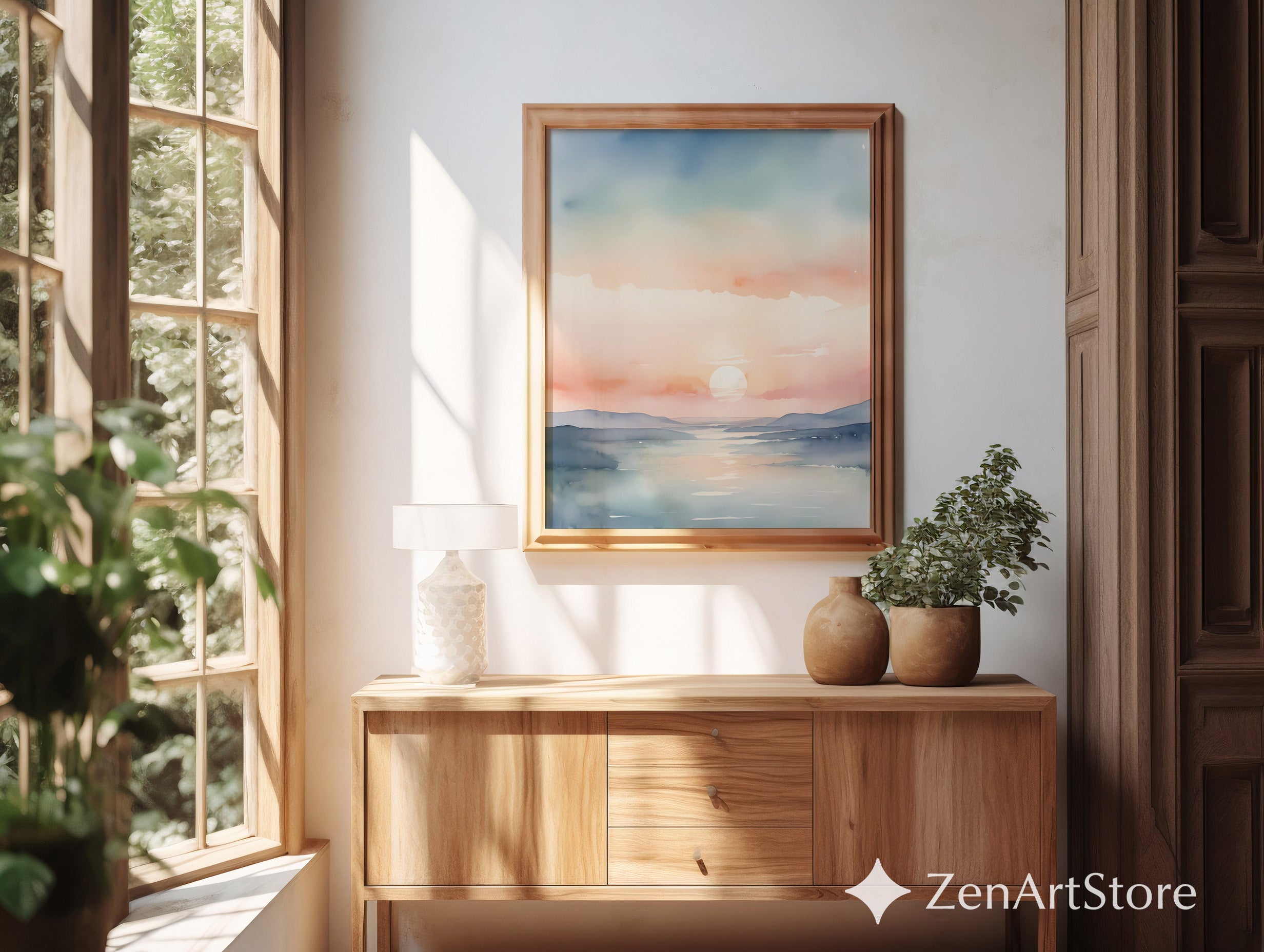 Pastel Watercolor Sunset Landscape Print - Calm Minimal Wall Art for Living Room, Bedroom, Nursery, Japandi Scandinavian Neutral Decor