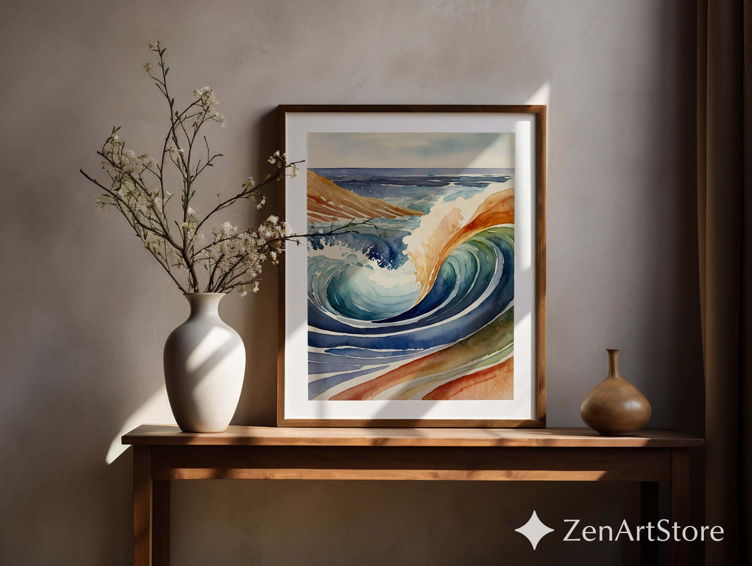 Abstract Watercolor Wave Art - Modern Coastal Ocean Print, Japandi Wabi Sabi Wall Decor in Blue, Teal & Earth Tones
