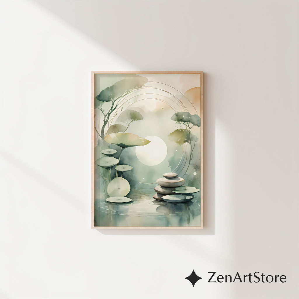 Zen Lotus Pond Wall Art - Minimal Japandi Botanical Print, Calming Neutral Green Landscape for Home Decor