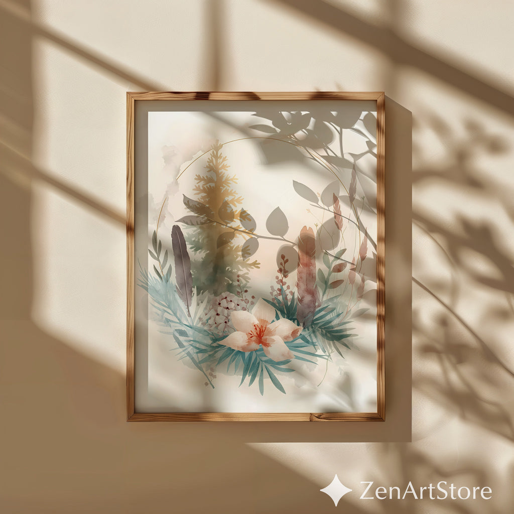 Neutral Botanical Watercolor Print with Gold Halo - Japandi Wabi Sabi Floral Wall Art