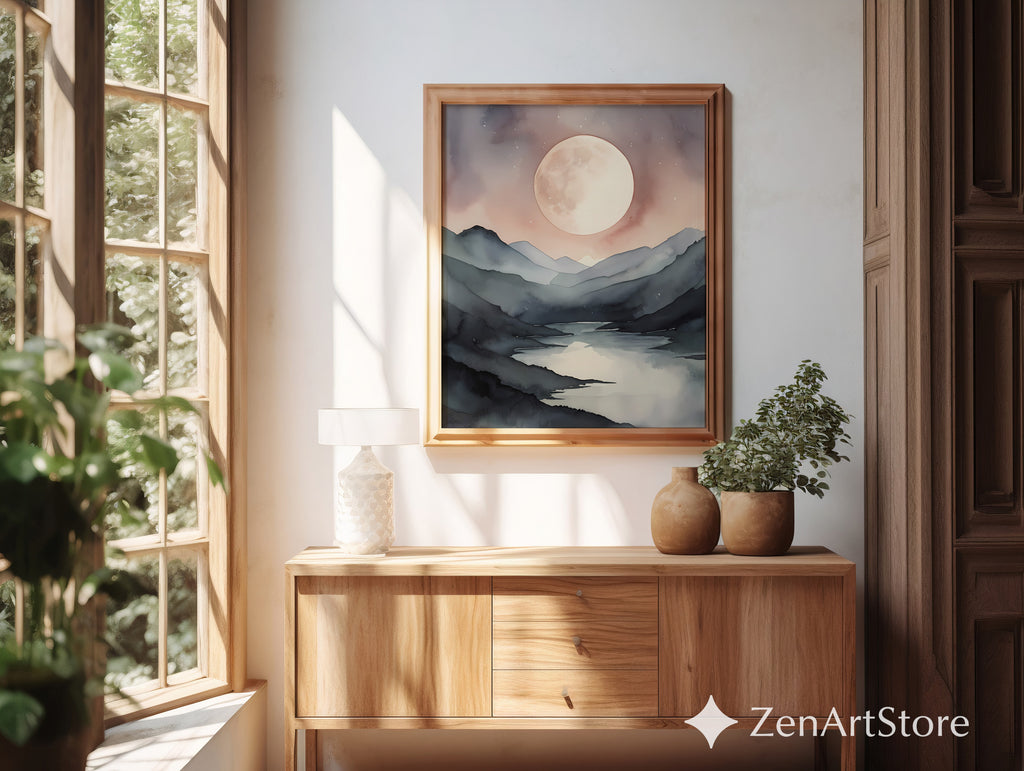 Serene Moonlit Mountain Lake Watercolor Print - Japandi Minimal Neutral Wall Art, Beige & Gray Landscape