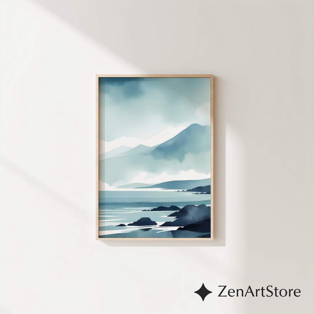 Minimal Blue Coastal Landscape Print - Serene Mountain Seascape Wall Art for Japandi & Scandinavian Homes