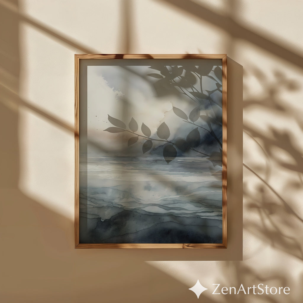 Neutral Abstract Seascape Wall Art - Minimal Coastal Watercolor Print, Calm Japandi Wabi Sabi Landscape for Living Room