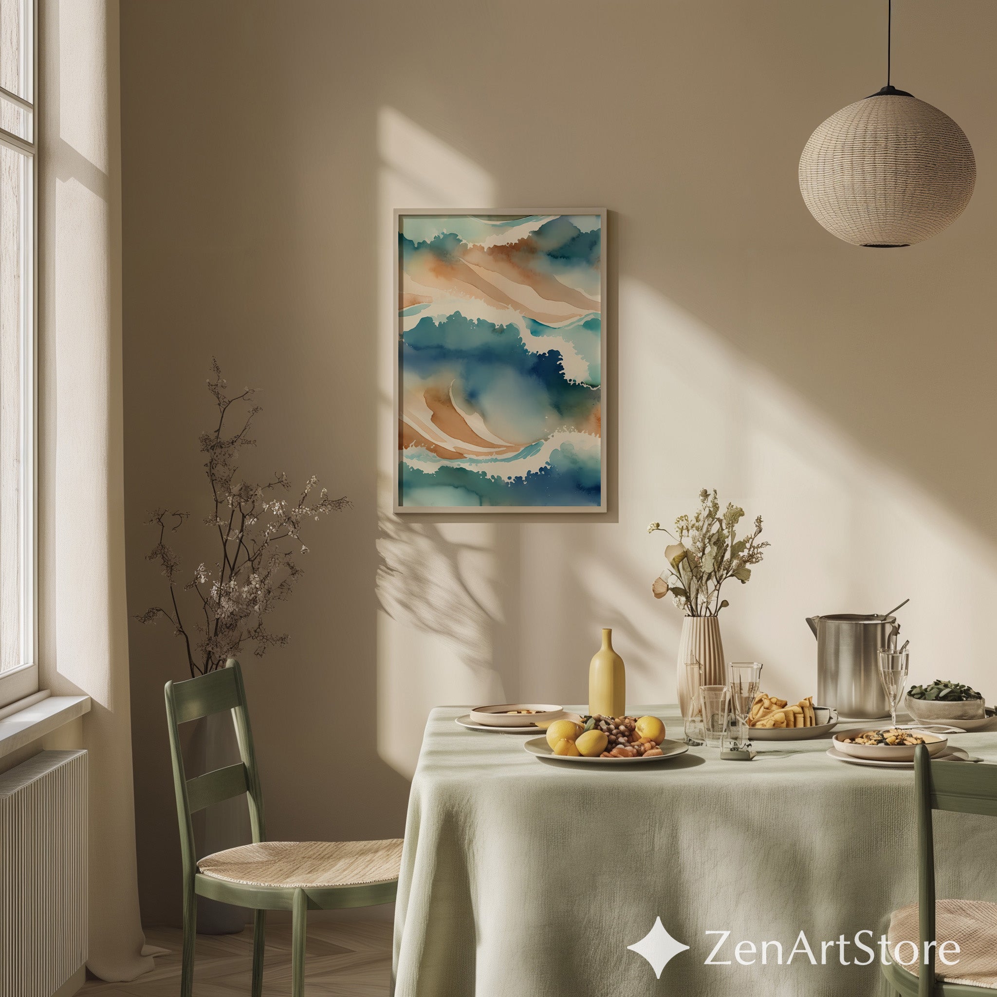 Abstract Ocean Waves Watercolor Print - Blue Beige Coastal Wall Art, Modern Japandi Zen Decor for Living Room & Bedroom