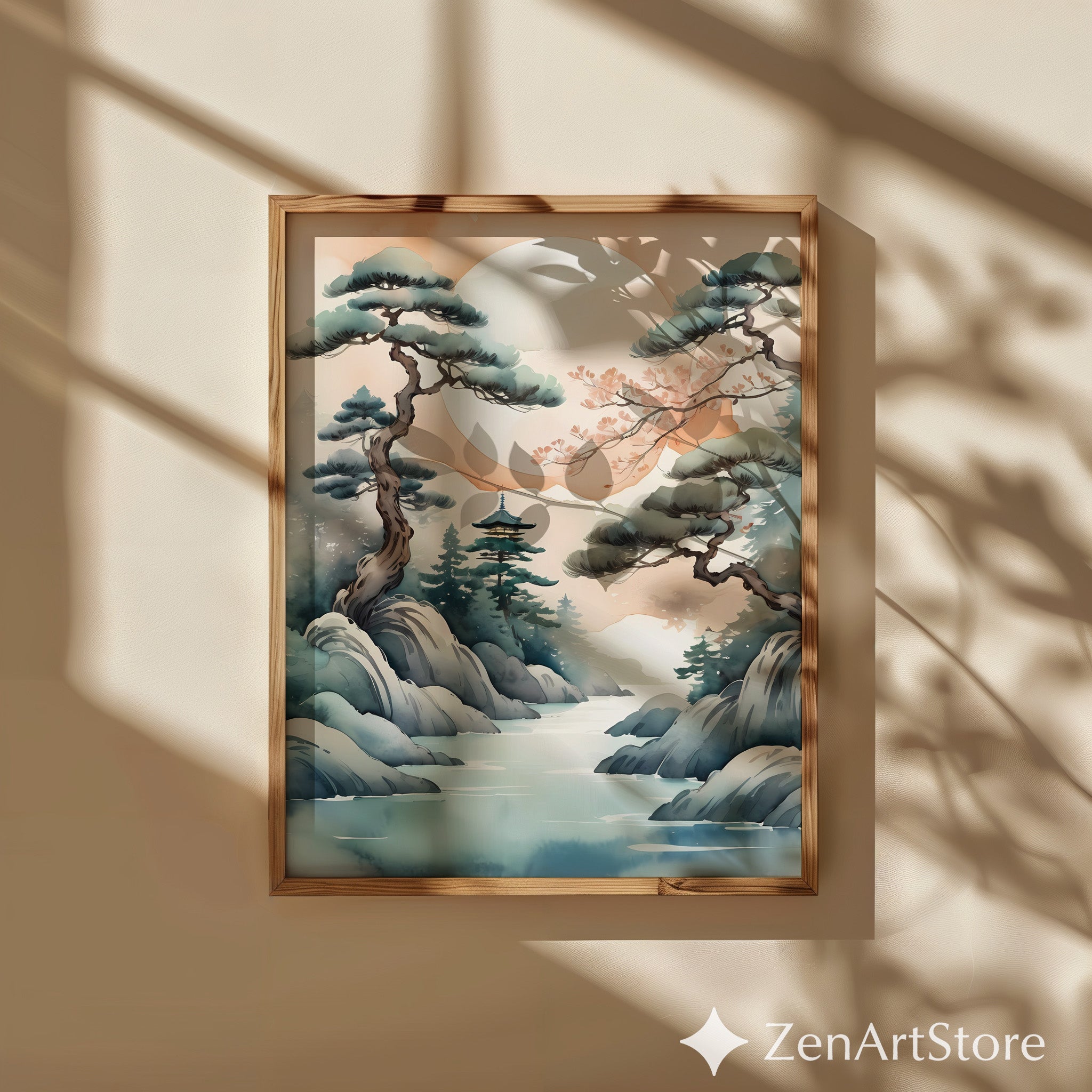Zen Japanese Landscape Print - Japandi Minimal Wall Art with Pine Trees, Moon & Watercolor Sunrise, Neutral Home Decor