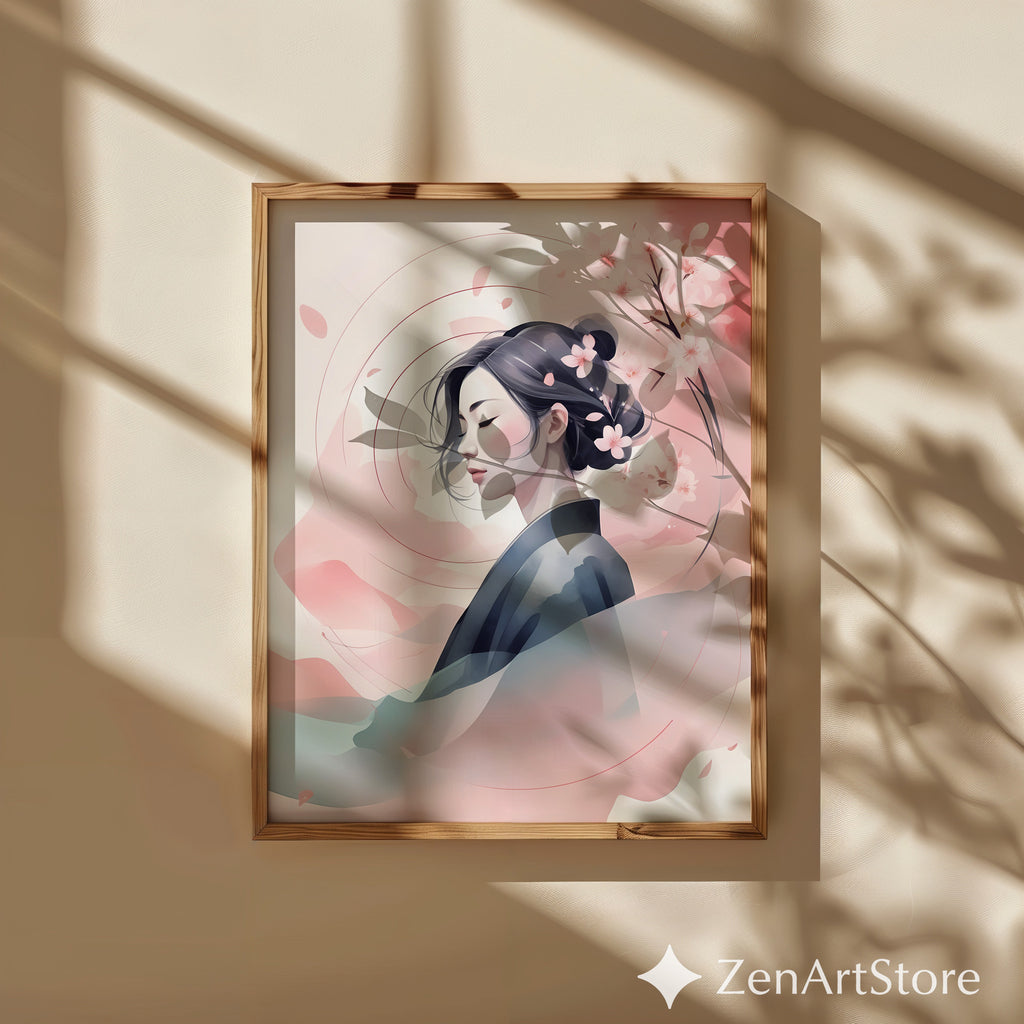 Serene Sakura Portrait Print - Japandi Minimal Cherry Blossom Wall Art, Zen Pastel Home Decor