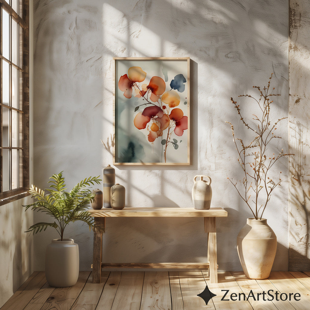 Abstract Floral Wall Art Print - Warm Rust & Ochre Minimal Botanical Japandi Wabi Sabi Neutral Home Decor