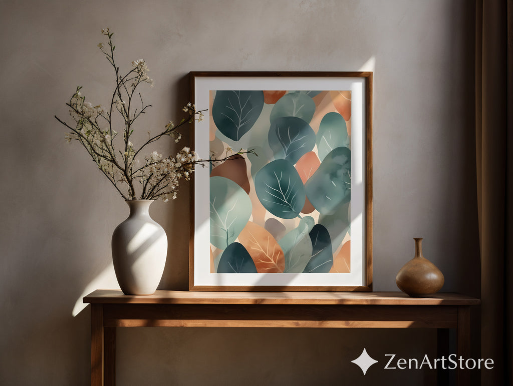Abstract Botanical Leaf Art Print Teal & Terracotta Minimal Japandi Scandinavian Wall Decor