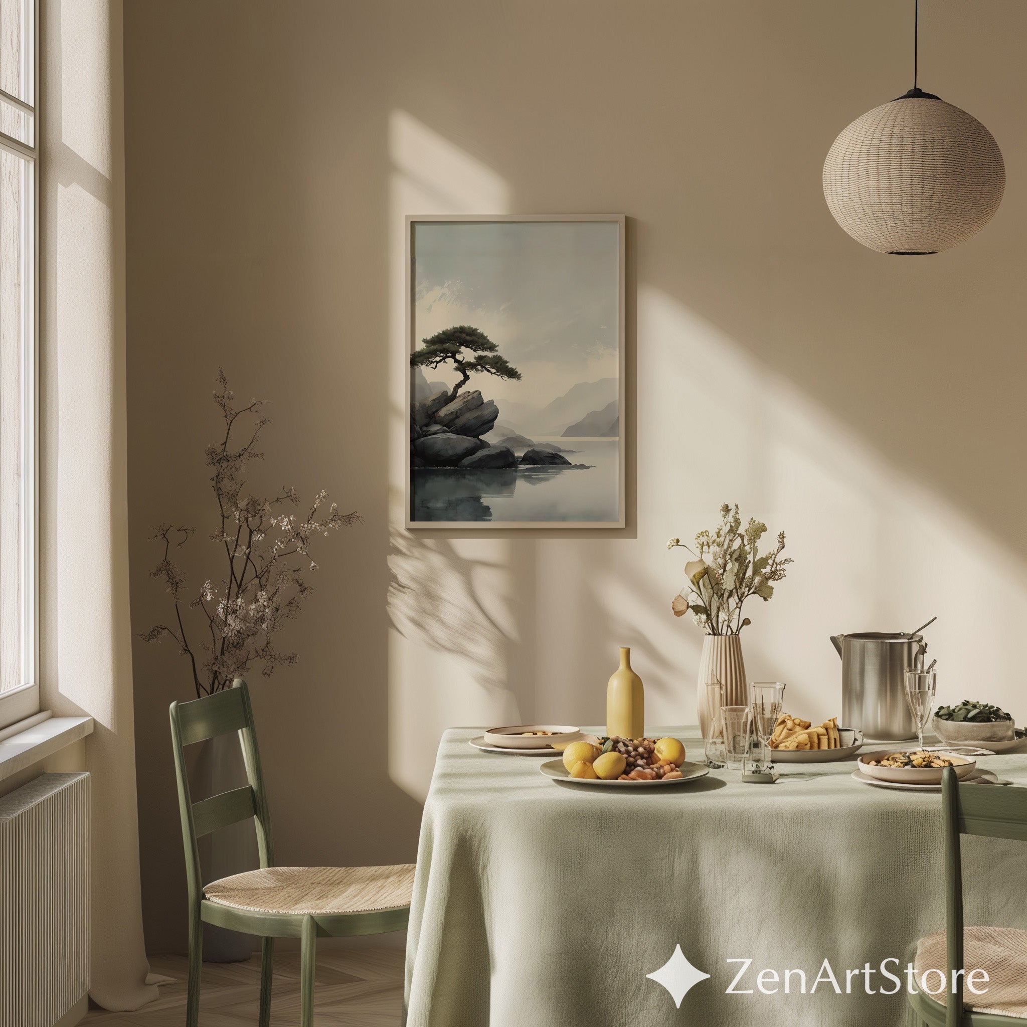 Zen Minimalist Landscape Print Lone Pine on Rocks - Japandi Scandinavian Wall Art Neutral Calm Home Decor