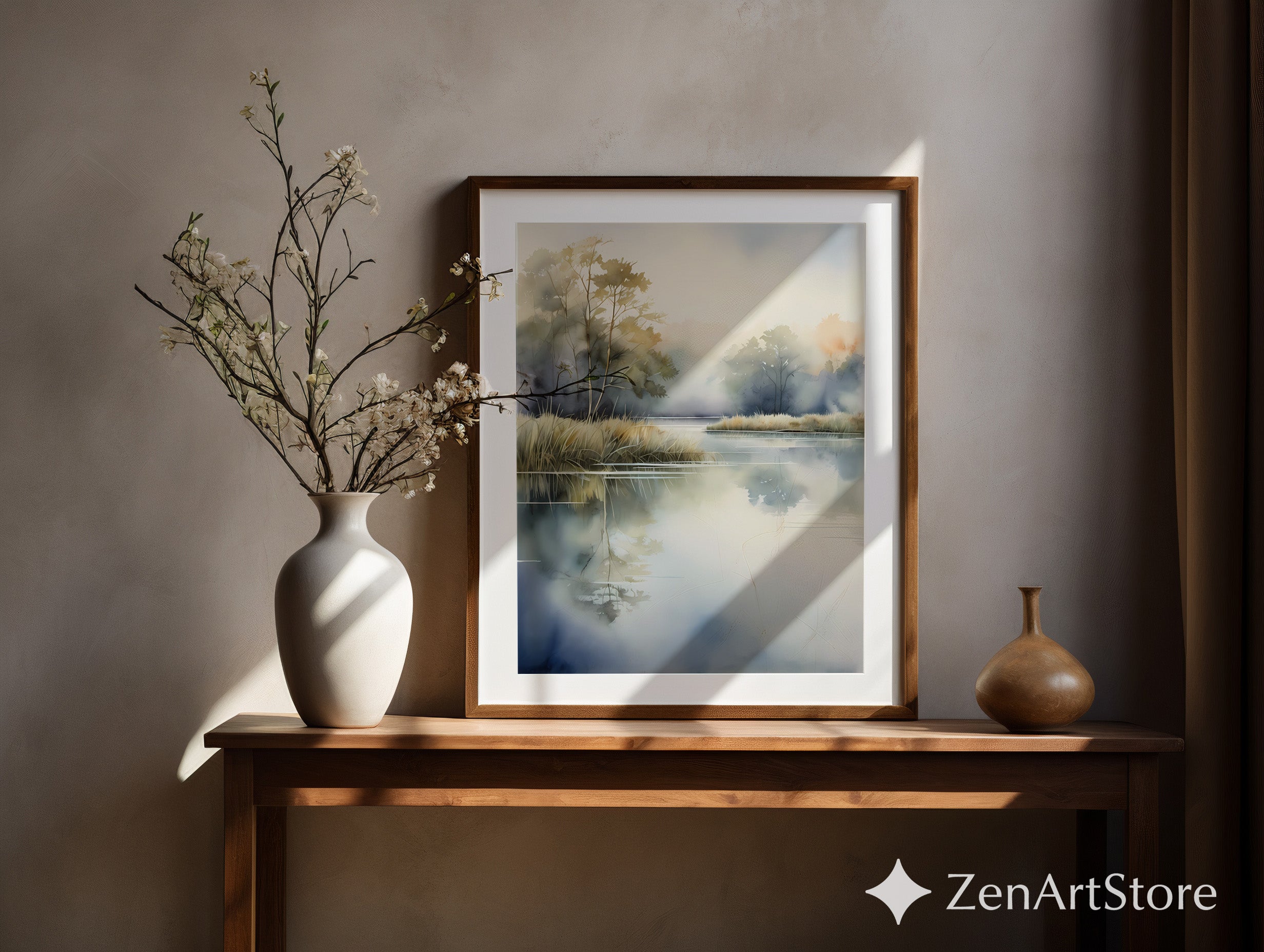 Misty Lake Watercolor Print — Serene Neutral Landscape Wall Art, Vertical Japandi Zen Minimalist Decor for Living Room & Bedroom