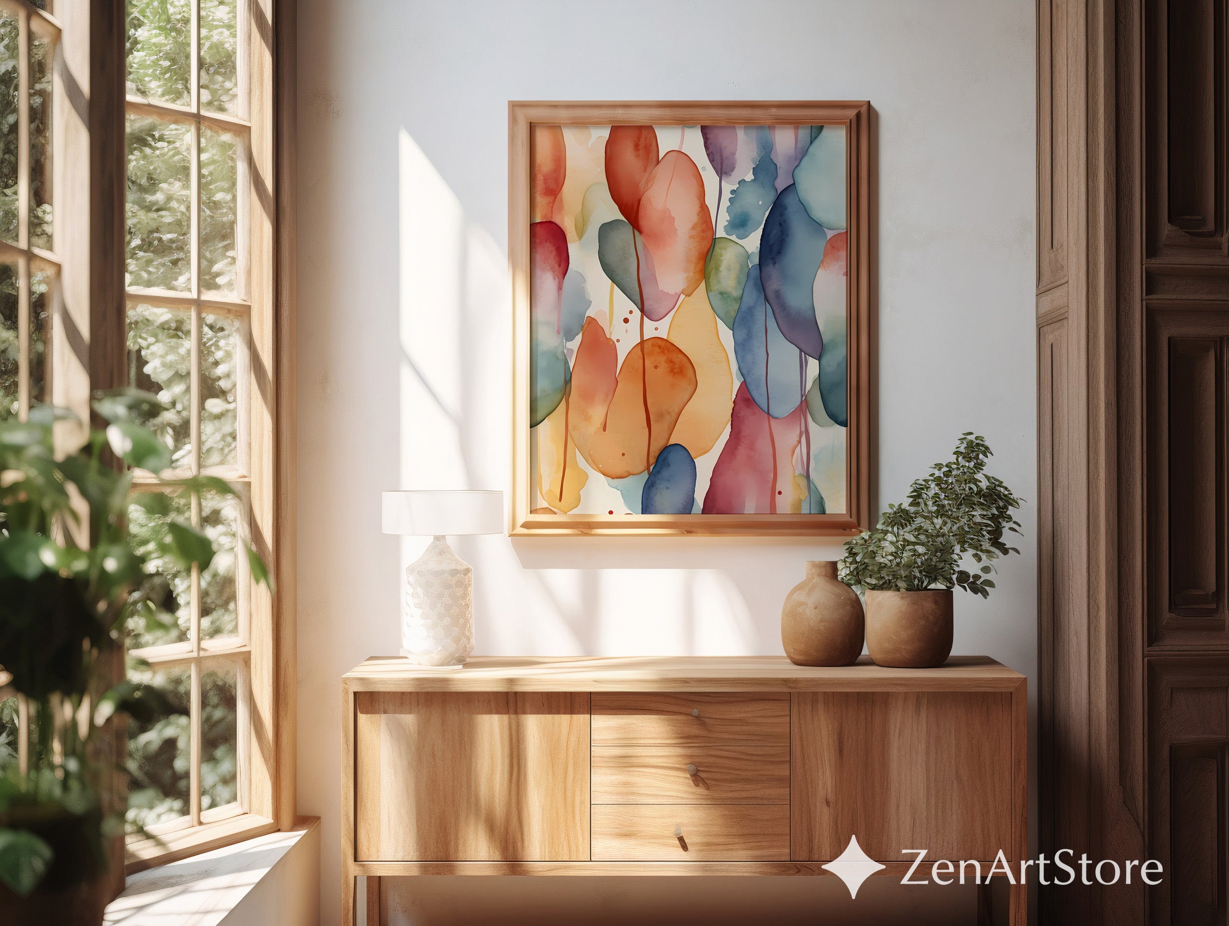 Abstract Watercolor Organic Shapes Wall Art - Modern Boho Terracotta Blue Sage Printable Canvas for Living Room Bedroom