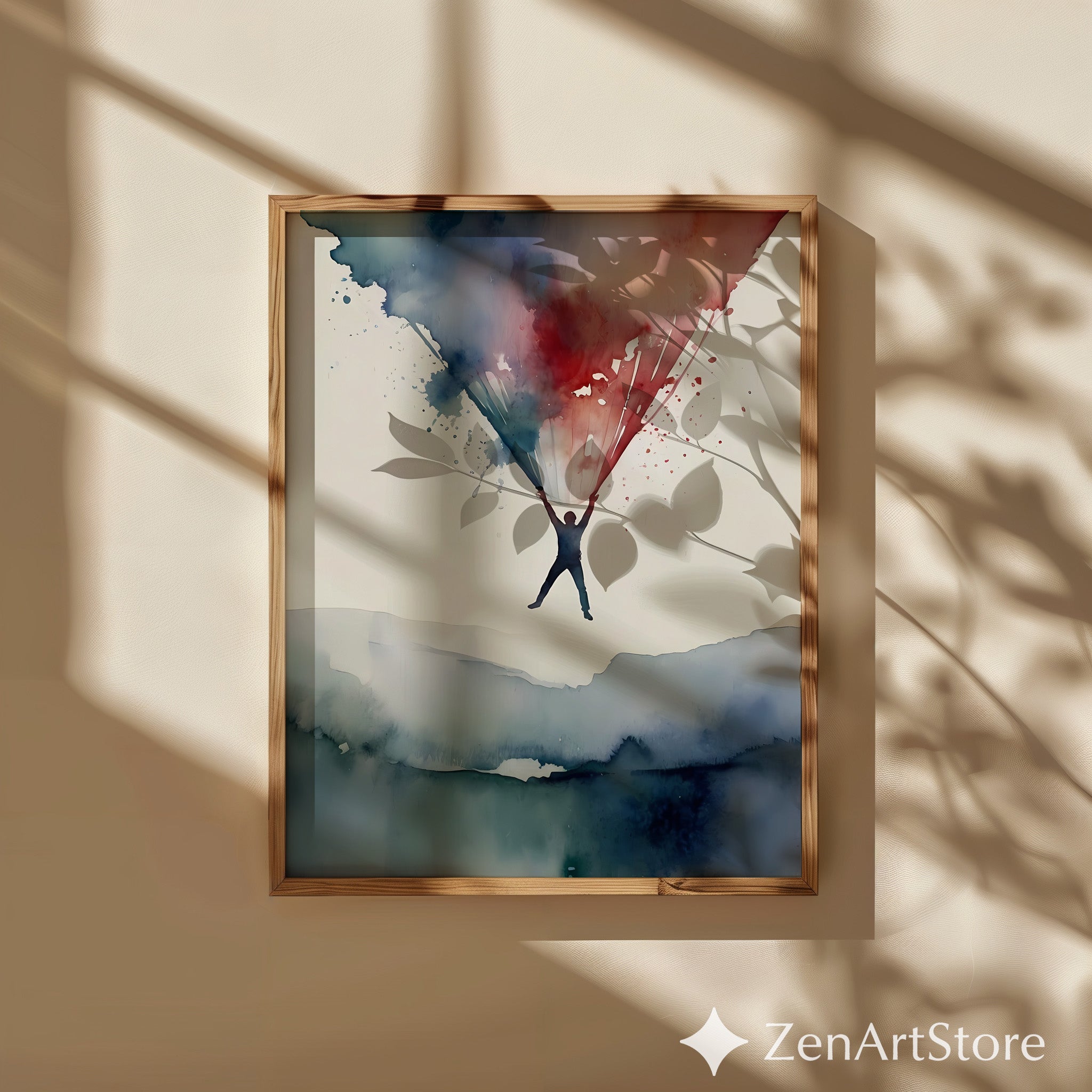 Abstract Watercolor Print - Suspended Figure with Blue & Red Splash, Minimal Modern Wall Art for Living Room Zen Decor