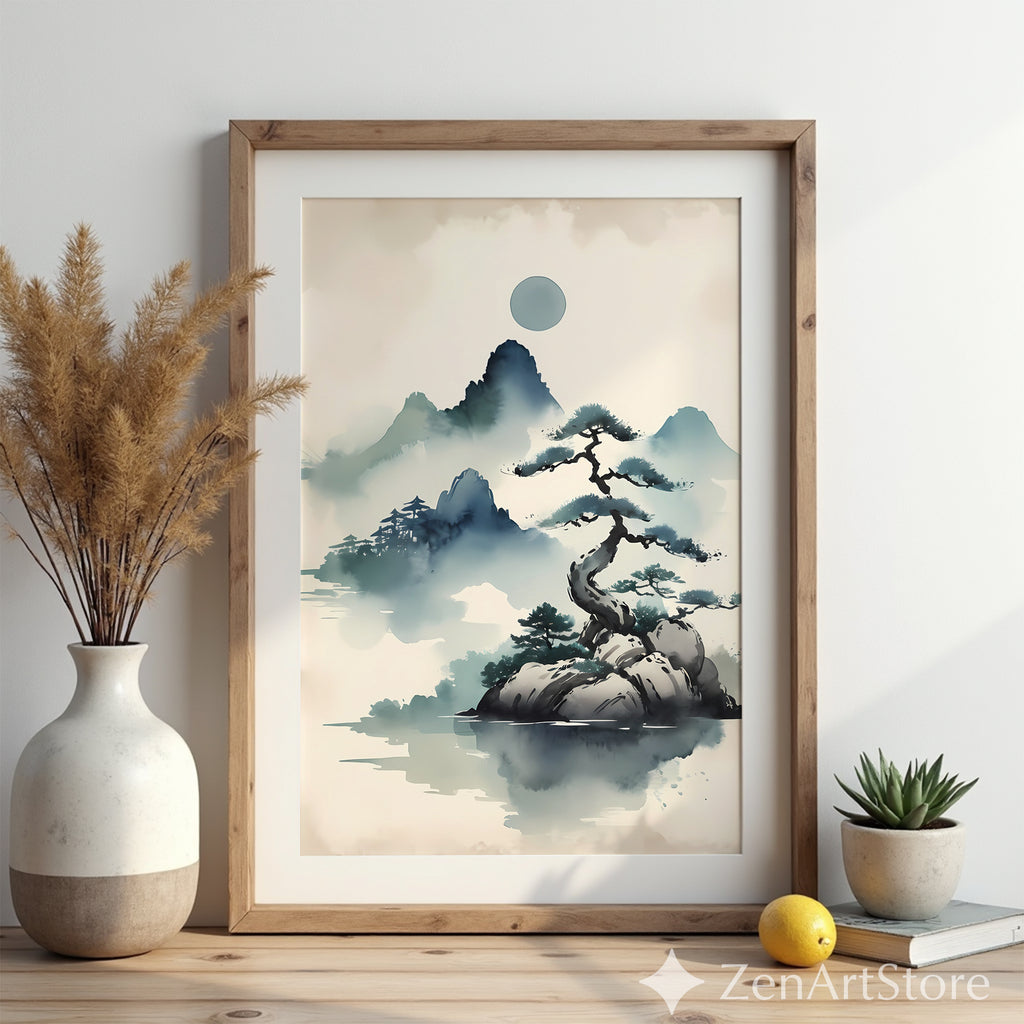 Zen Ink Landscape Print - Misty Mountain Bonsai Art, Minimal Japandi Wall Decor for Neutral Modern Homes