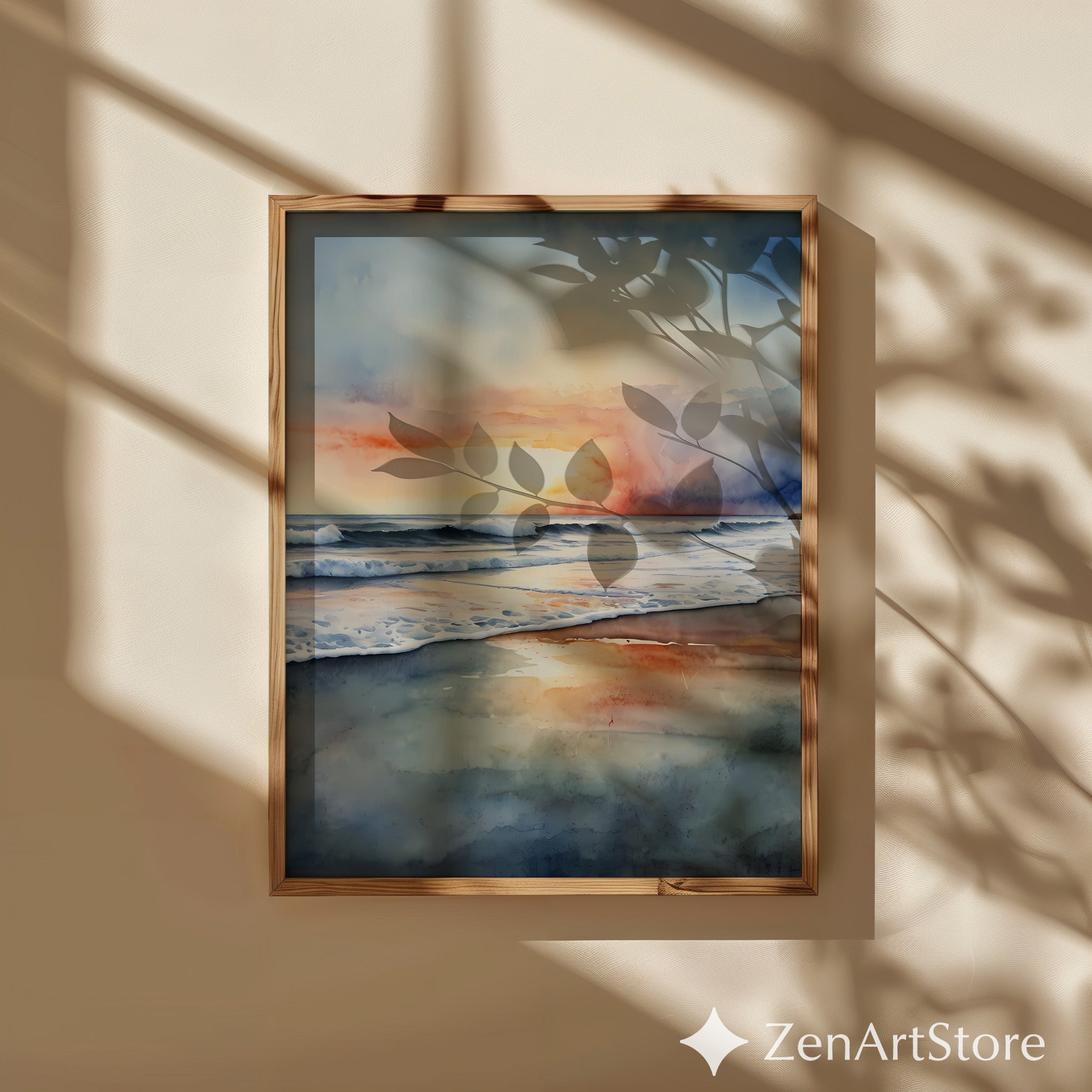 Watercolor Seascape Sunset Print - Calming Coastal Wall Art for Living Room, Bedroom, Minimal Japandi Beach Decor