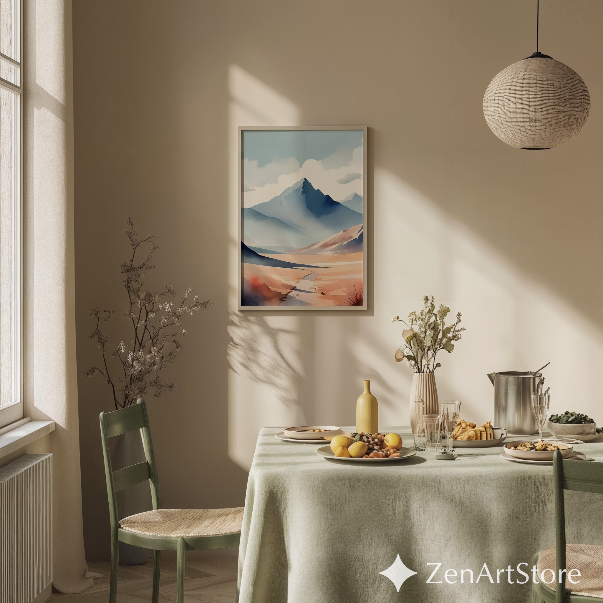 Blue Mountain Watercolor Print - Minimal Japandi Landscape Wall Art, Neutral Modern Home Decor Printable